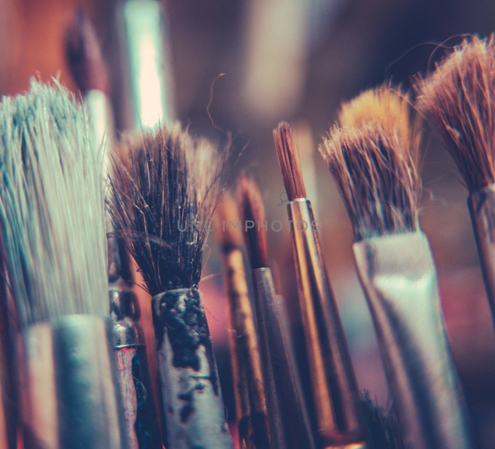 Retro Style Image Of Old Artist's Paint Brushes With Shallow DoF