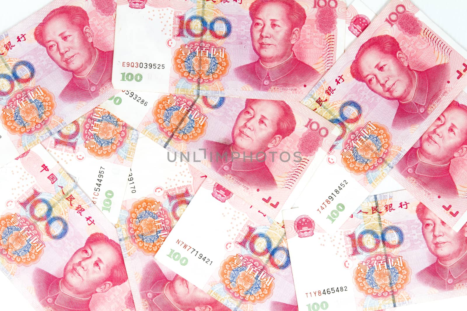 Close up of China bills in white background