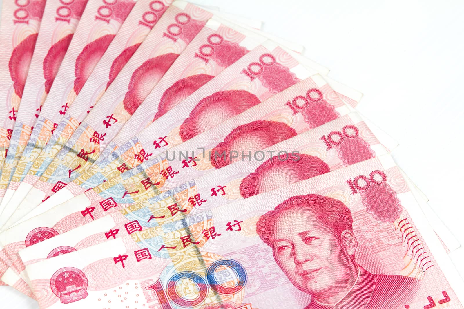 Close up of China bills in white background