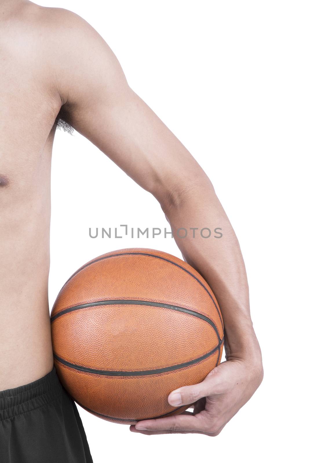 Asian body man with basketball on white background