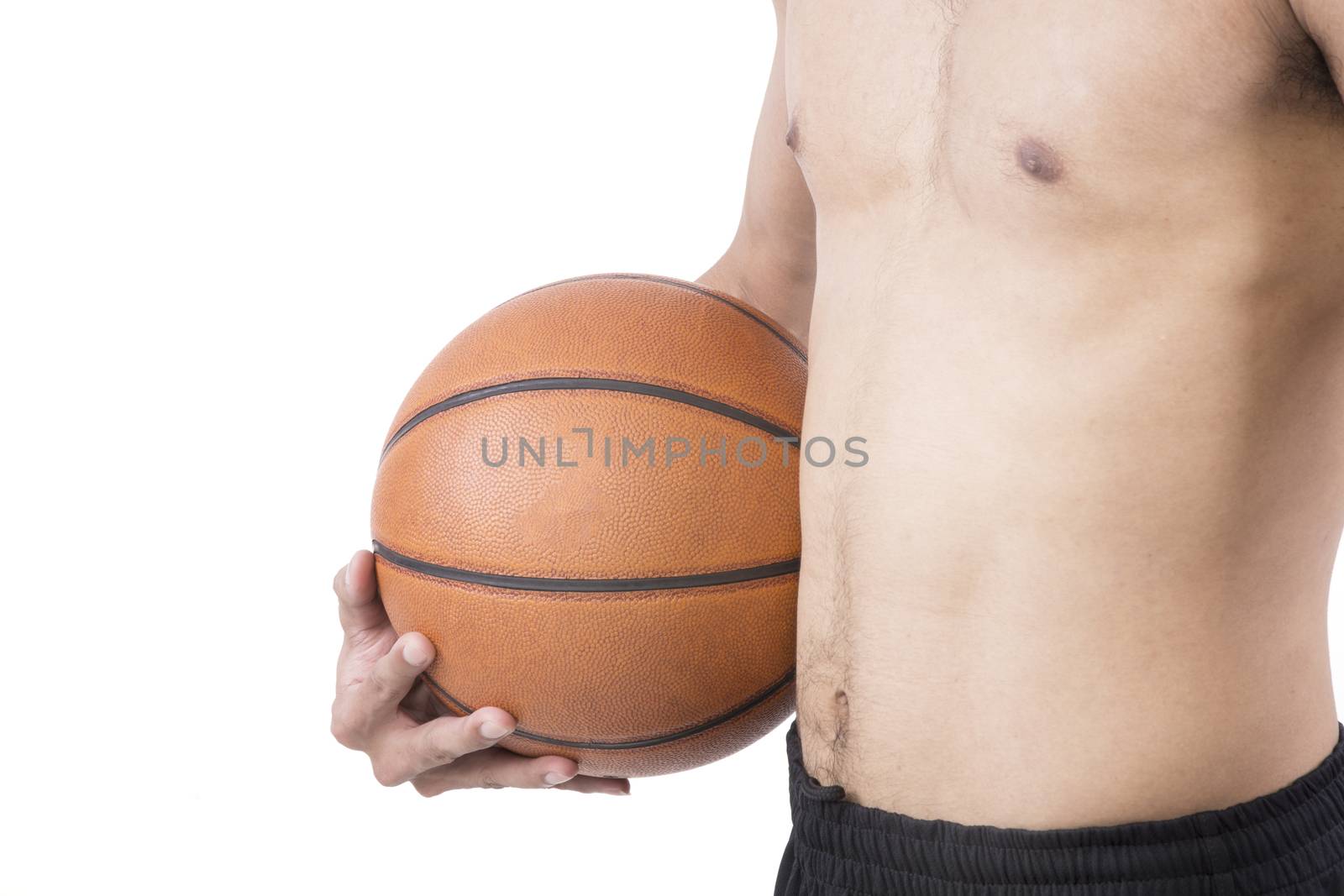 Asian body man with basketball on white background
