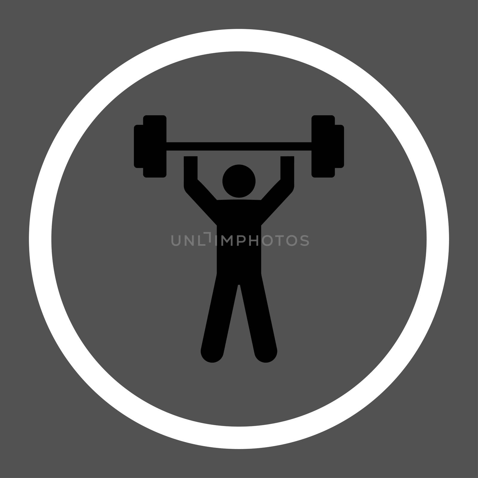 Power lifting glyph icon. This rounded flat symbol is drawn with black and white colors on a gray background.