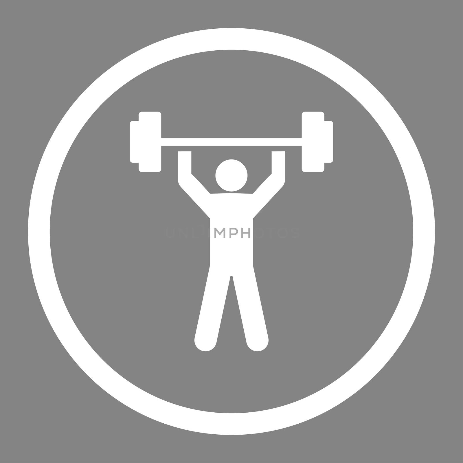 Power lifting glyph icon. This rounded flat symbol is drawn with white color on a gray background.
