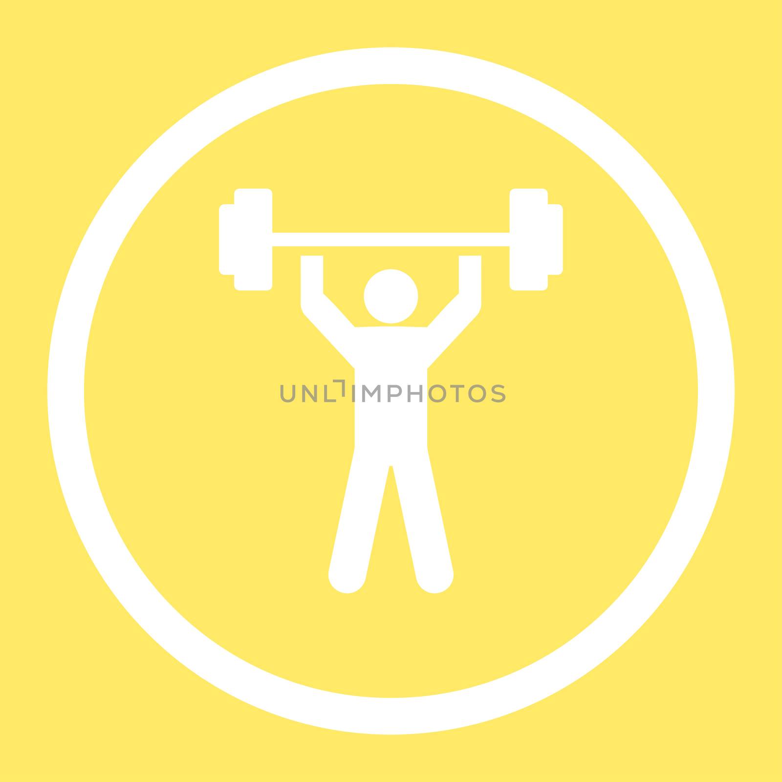 Power lifting glyph icon. This rounded flat symbol is drawn with white color on a yellow background.
