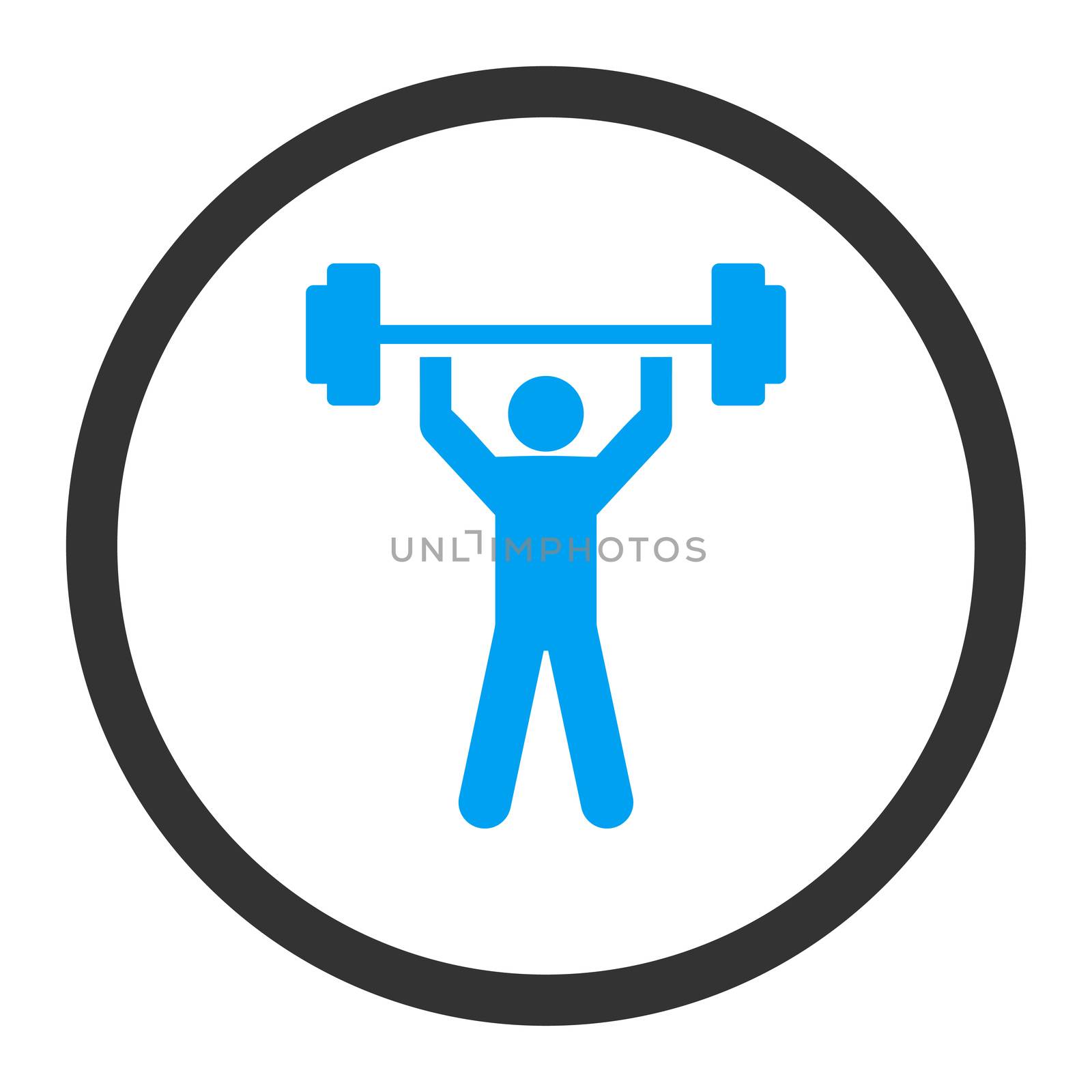 Power lifting glyph icon. This rounded flat symbol is drawn with blue and gray colors on a white background.