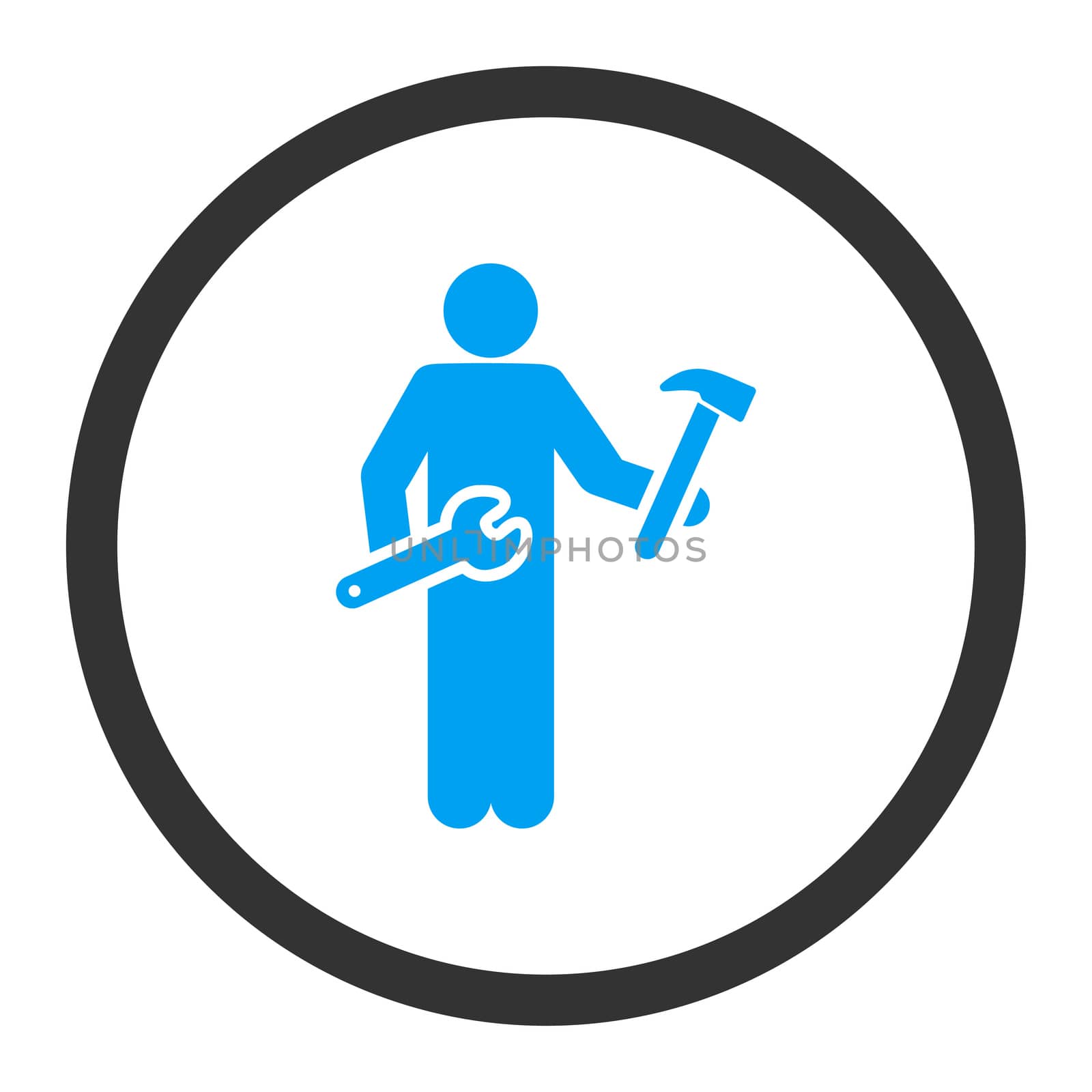 Serviceman glyph icon. This rounded flat symbol is drawn with blue and gray colors on a white background.