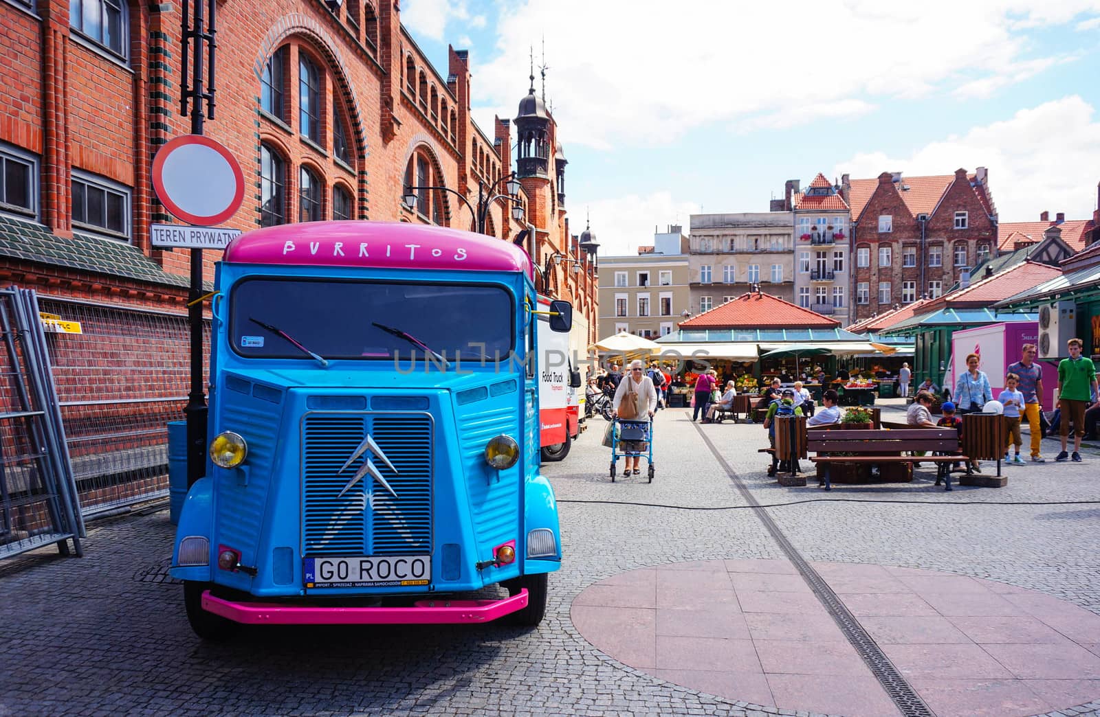 GDANSK, POLAND - JULY 29, 2015: Blue Purritos classic bus standing at the city center