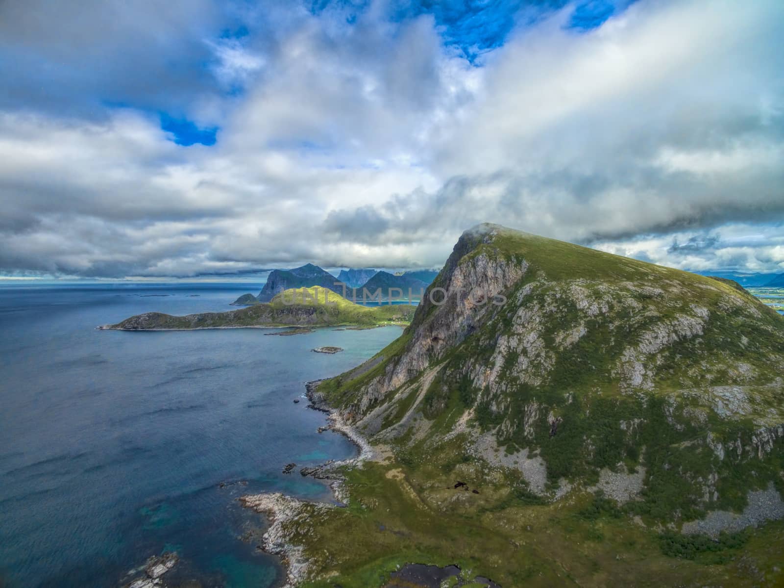 Scenic aerial view of magnificent cliff on Lofoten islands in Norway