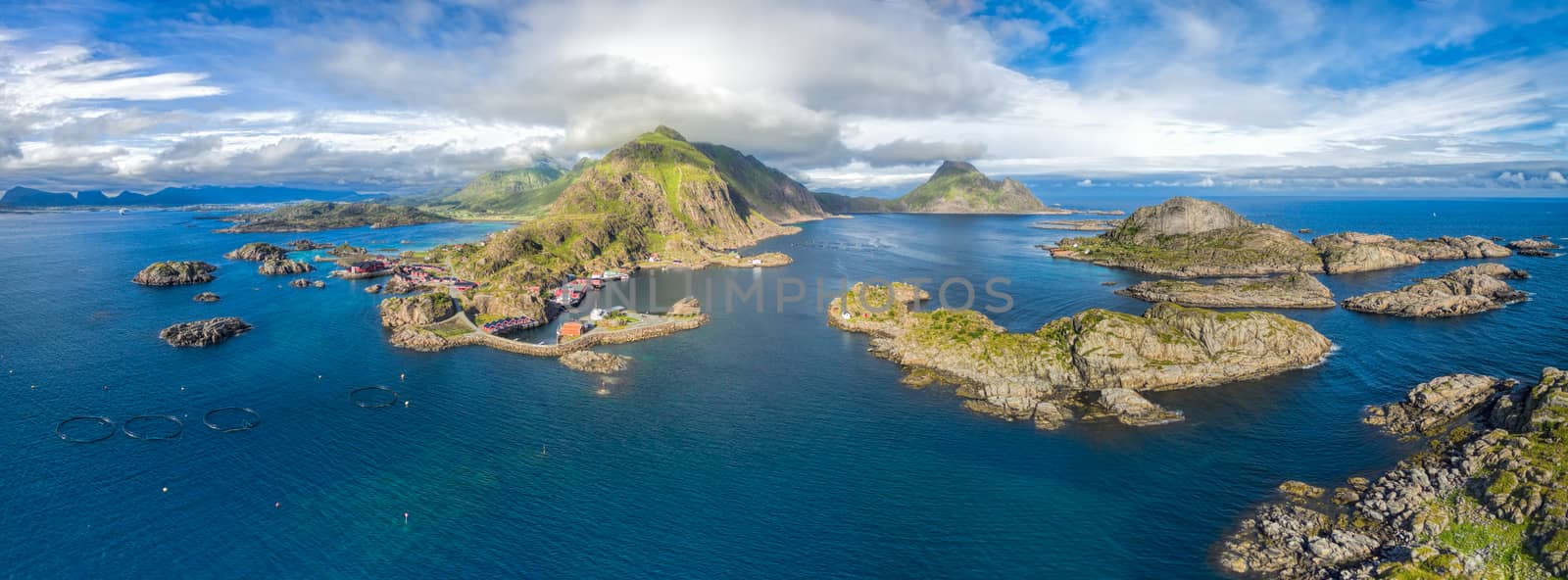 Scenic aerial panorama of fishing village Mortsund on Lofoten islands in Norway