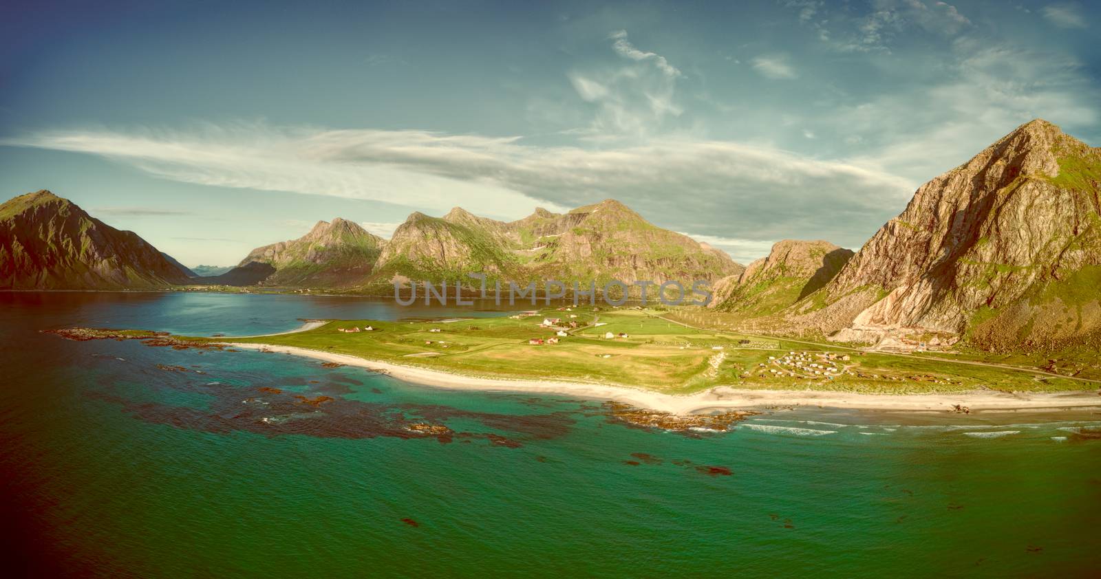 Aerial panorama of magical beach in Flakstad on Lofoten islands in Norway
