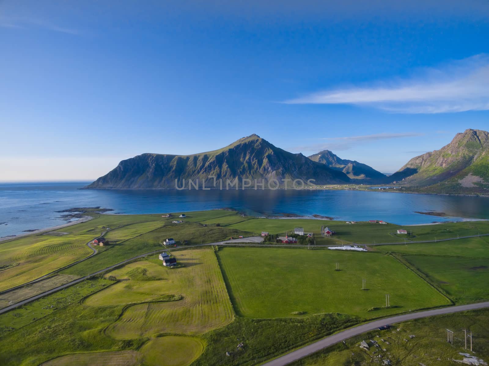 Aerial view of Flakstad, village on Lofoten islands in Norway