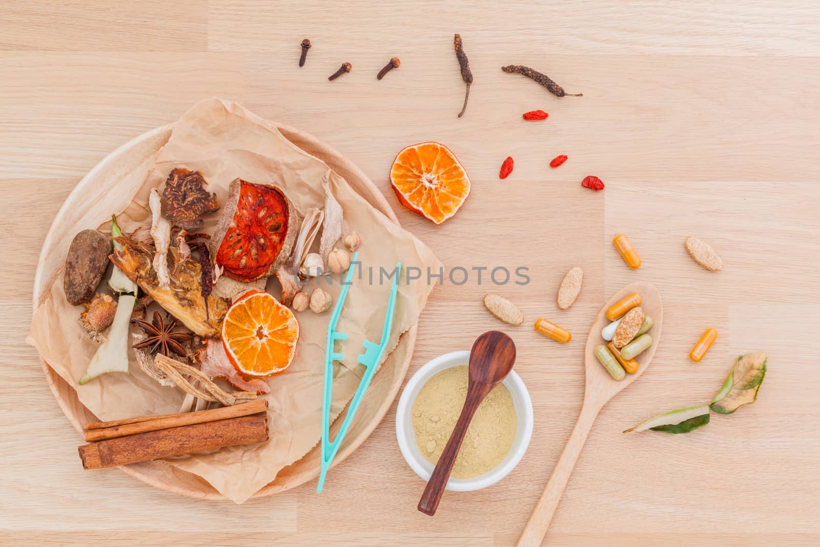 Alternative Medicinal herbs for herbal medicine for healthy recipe fresh and dry herbs with mortar on white background.