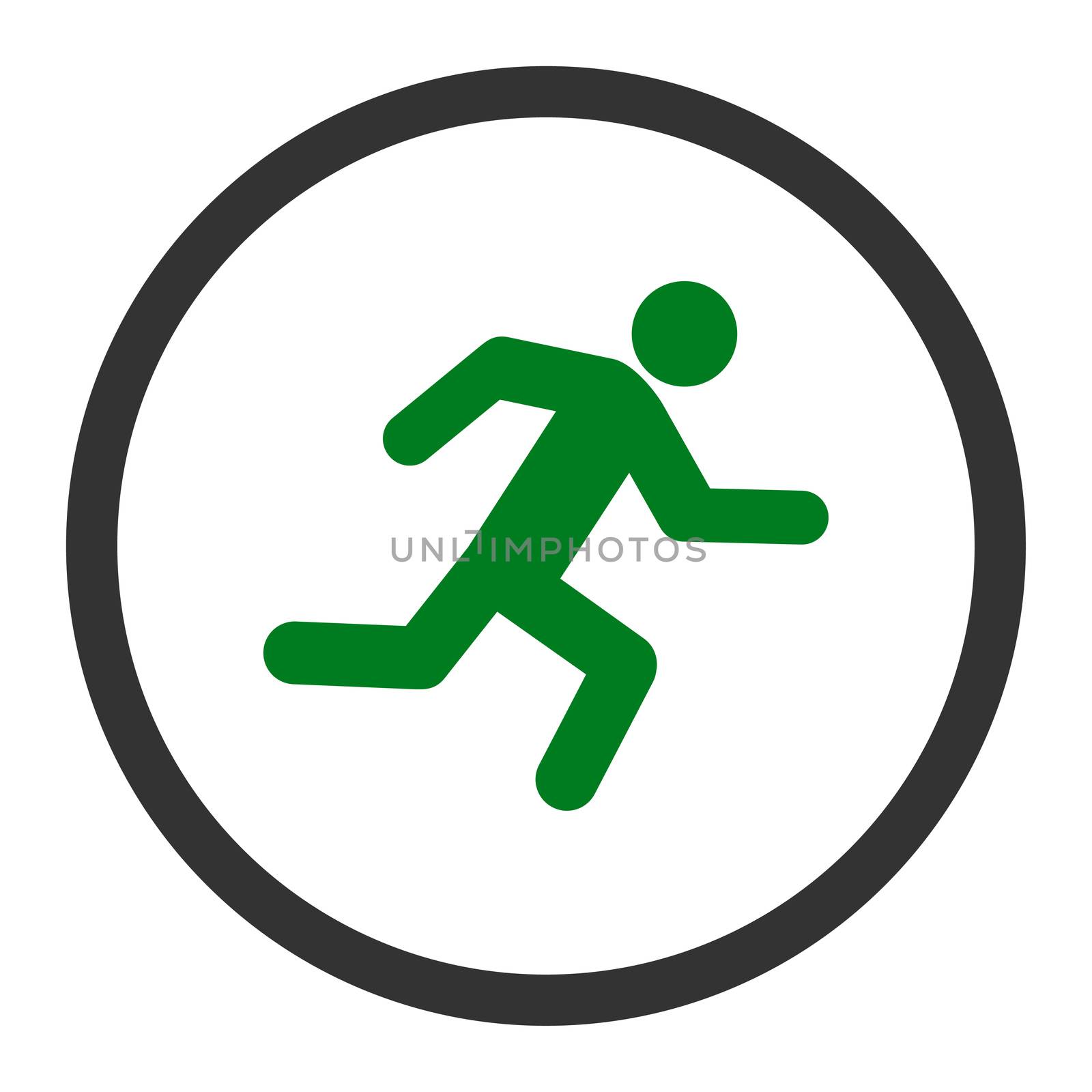 Running man glyph icon. This rounded flat symbol is drawn with green and gray colors on a white background.