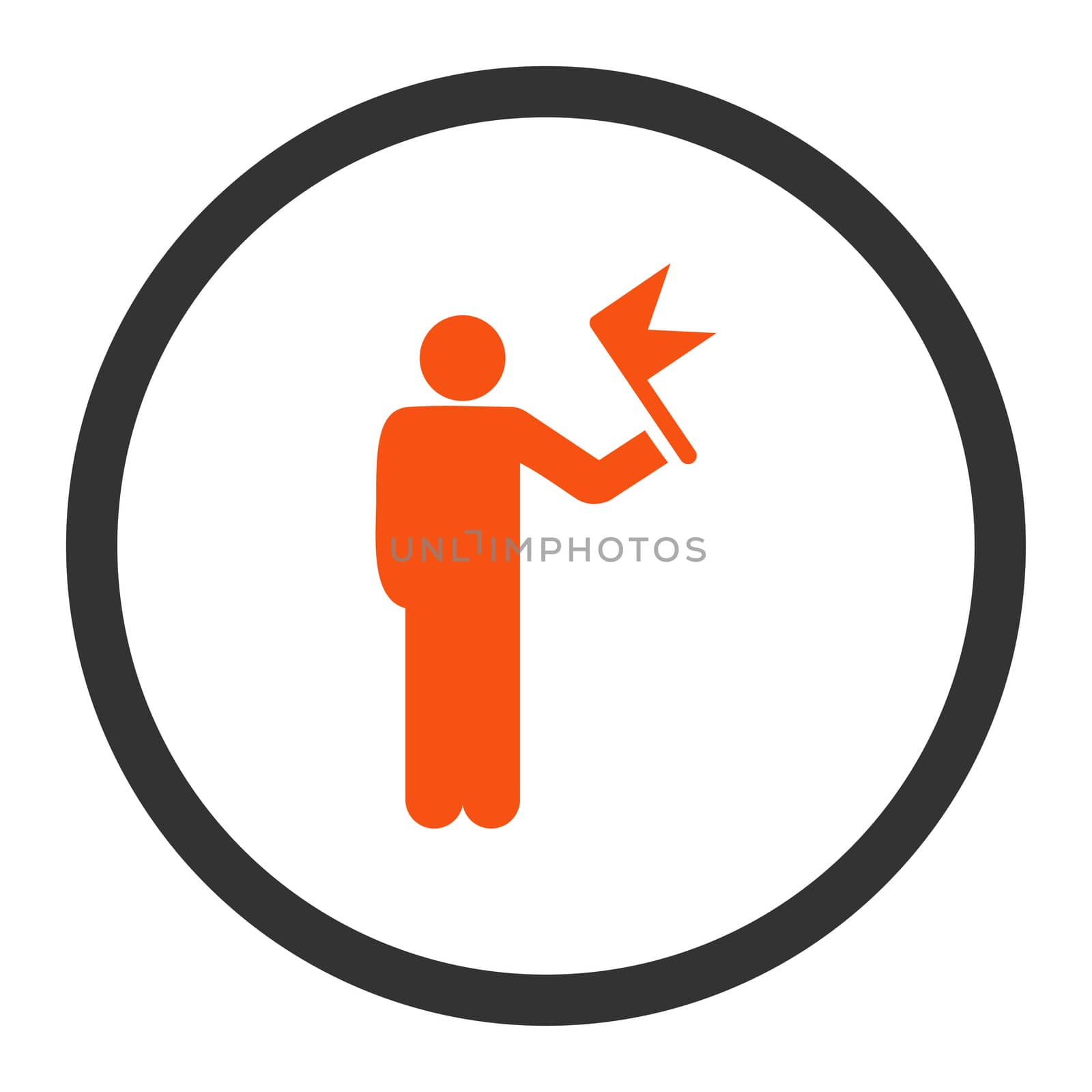 Man with Flag glyph icon. This rounded flat symbol is drawn with orange and gray colors on a white background.