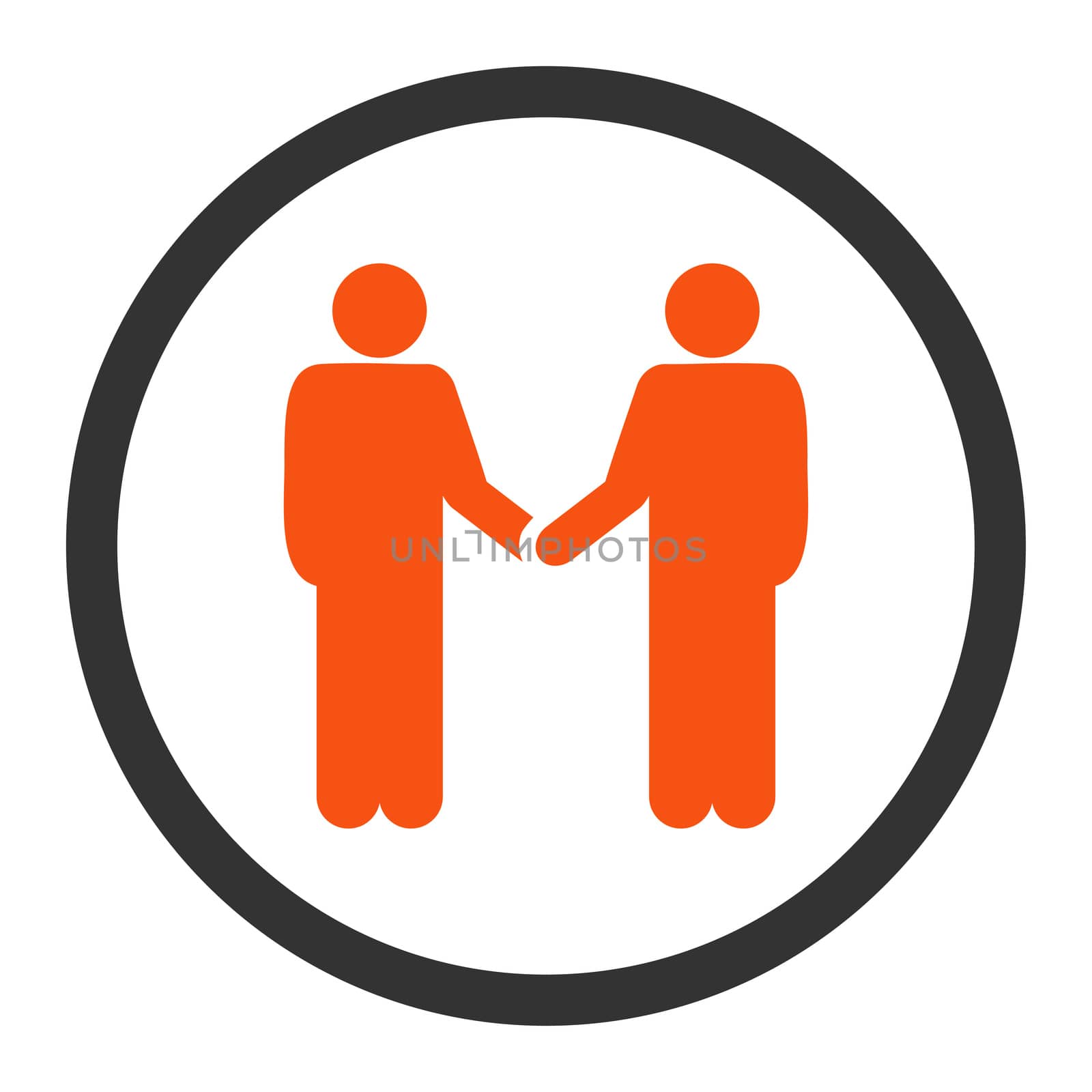Handshake glyph icon. This rounded flat symbol is drawn with orange and gray colors on a white background.