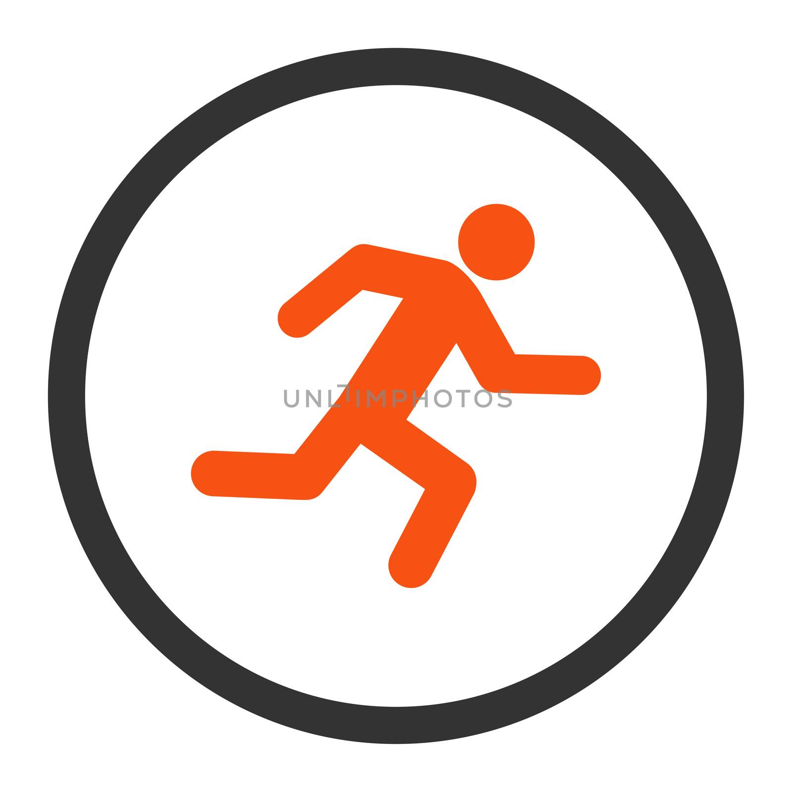 Running man glyph icon. This rounded flat symbol is drawn with orange and gray colors on a white background.