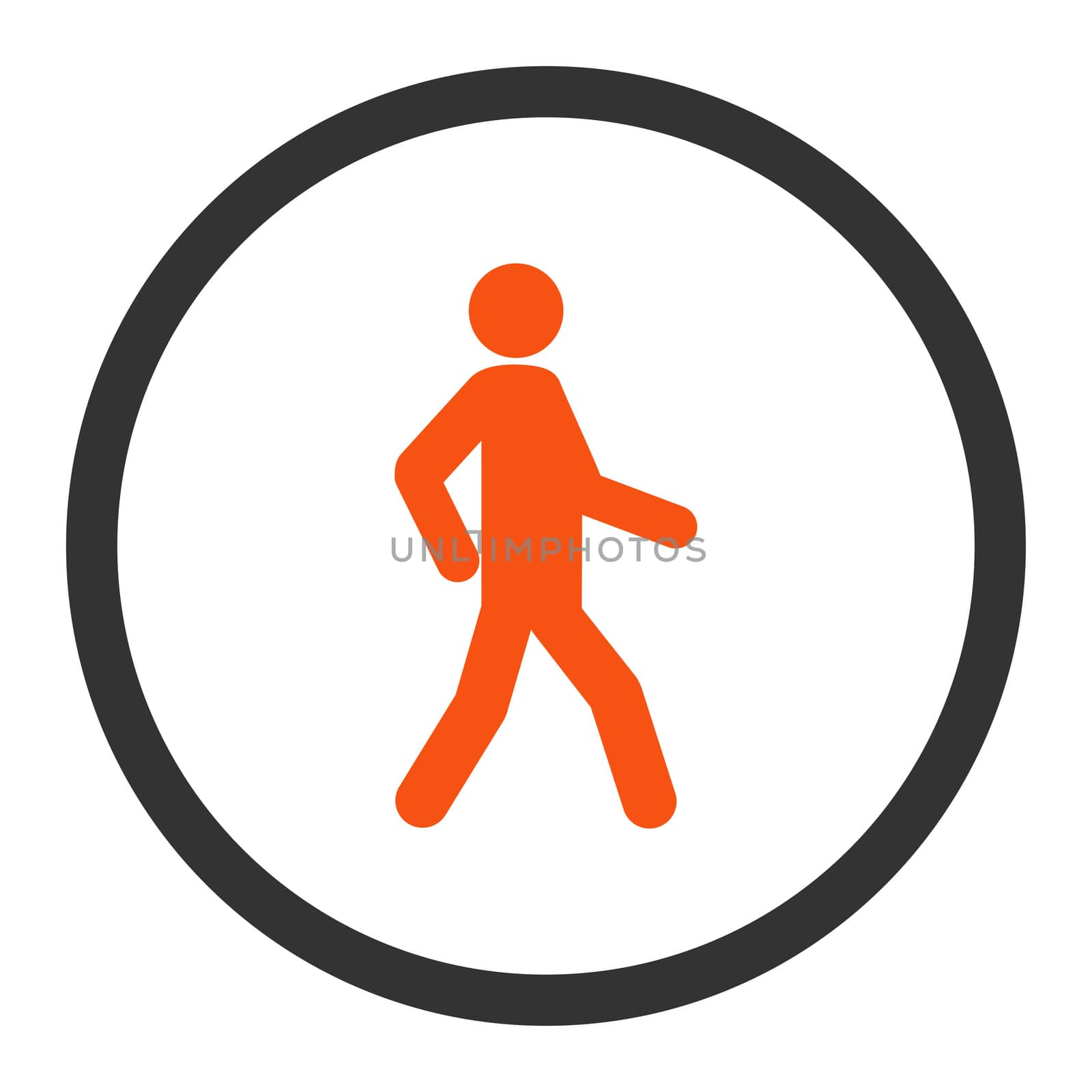 Walking glyph icon. This rounded flat symbol is drawn with orange and gray colors on a white background.