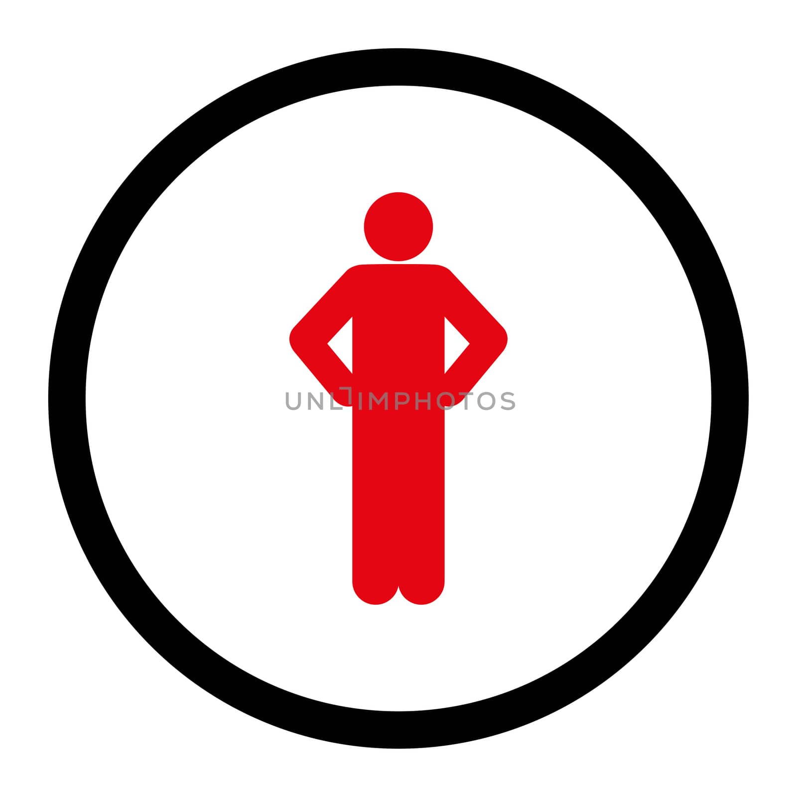 Akimbo glyph icon. This rounded flat symbol is drawn with intensive red and black colors on a white background.