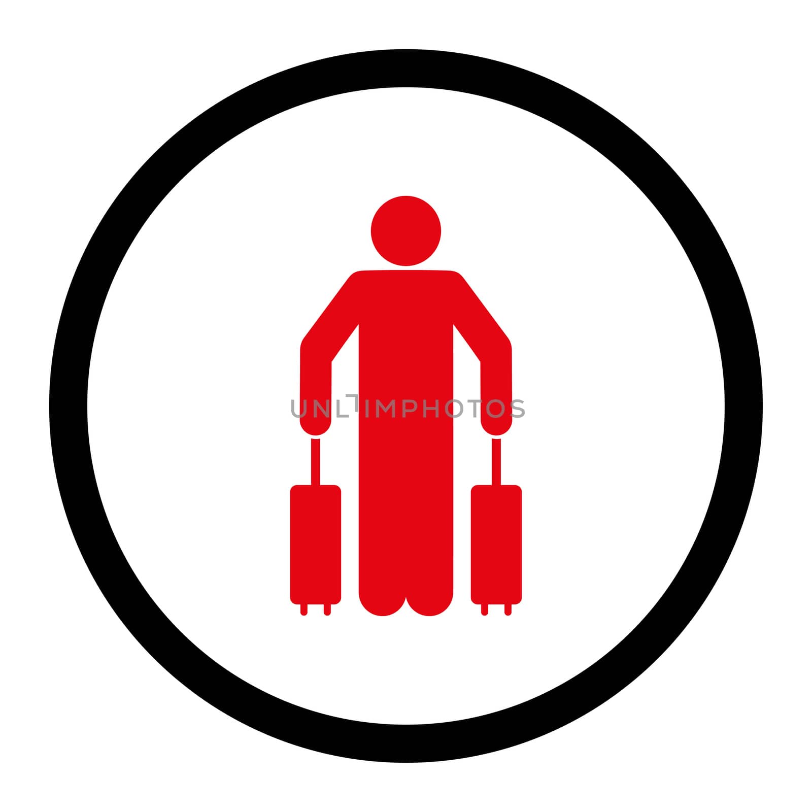 Passenger baggage glyph icon. This rounded flat symbol is drawn with intensive red and black colors on a white background.
