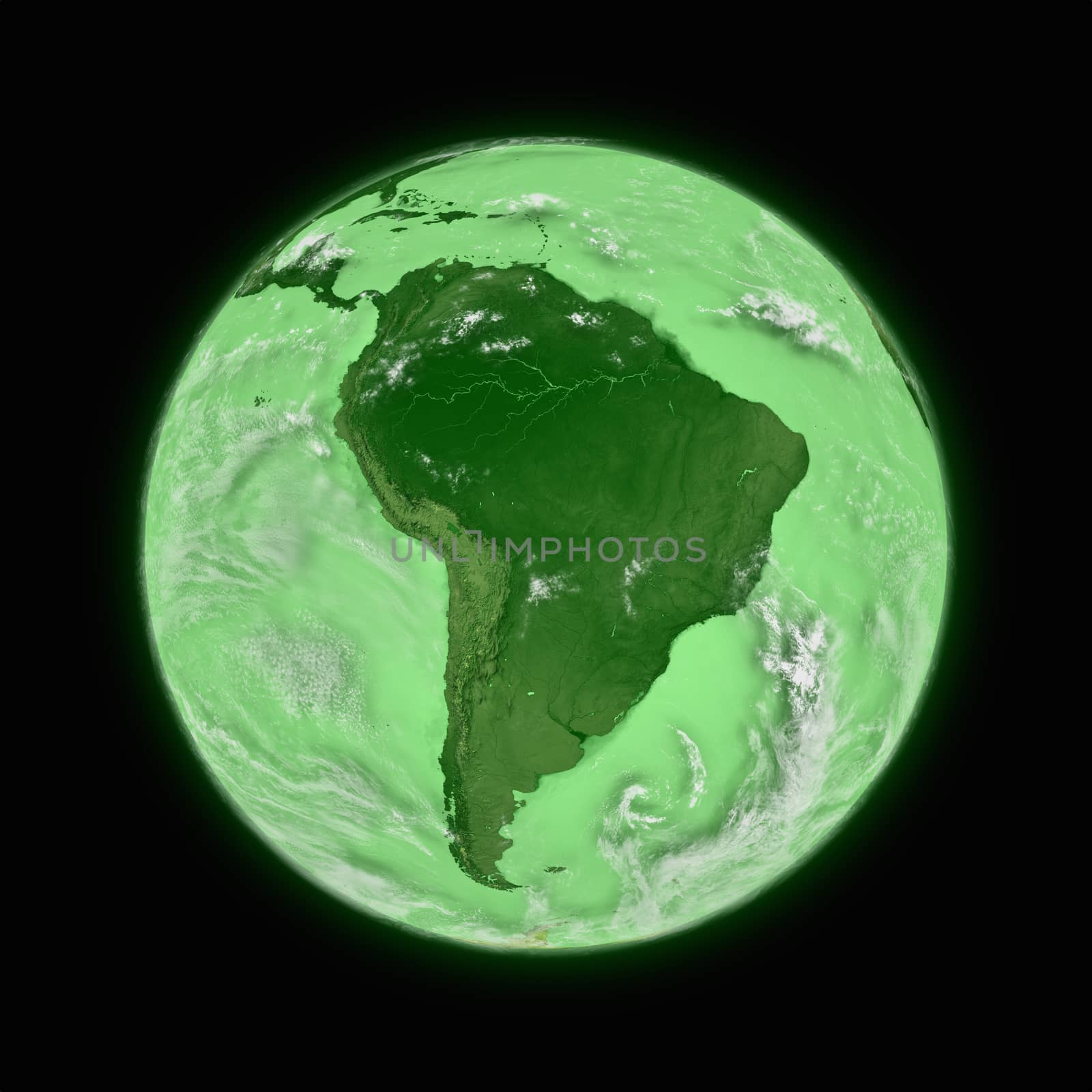 South America on green planet Earth isolated on black background. Highly detailed planet surface. Elements of this image furnished by NASA.