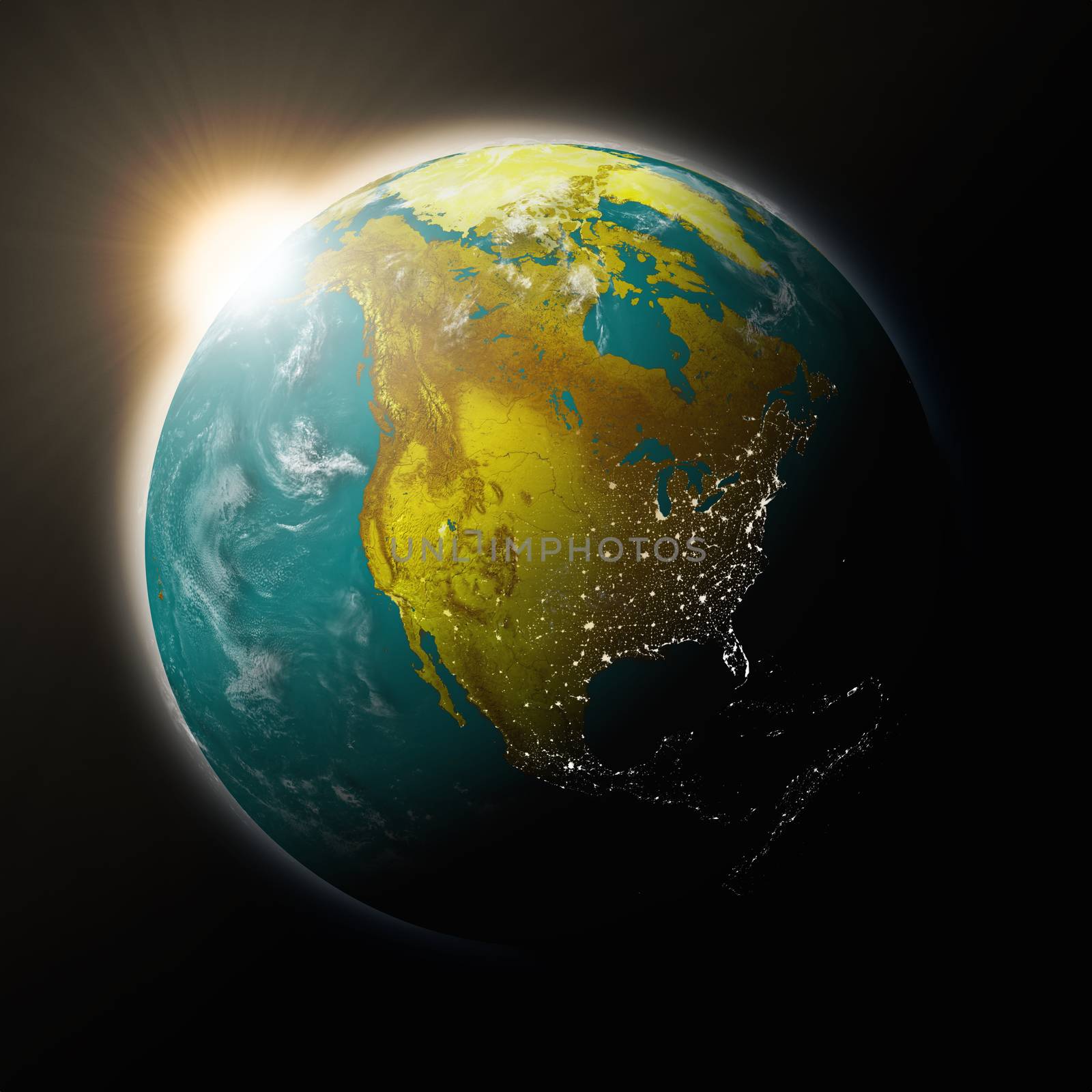 Sun over North America on blue planet Earth isolated on black background. Highly detailed planet surface. Elements of this image furnished by NASA.