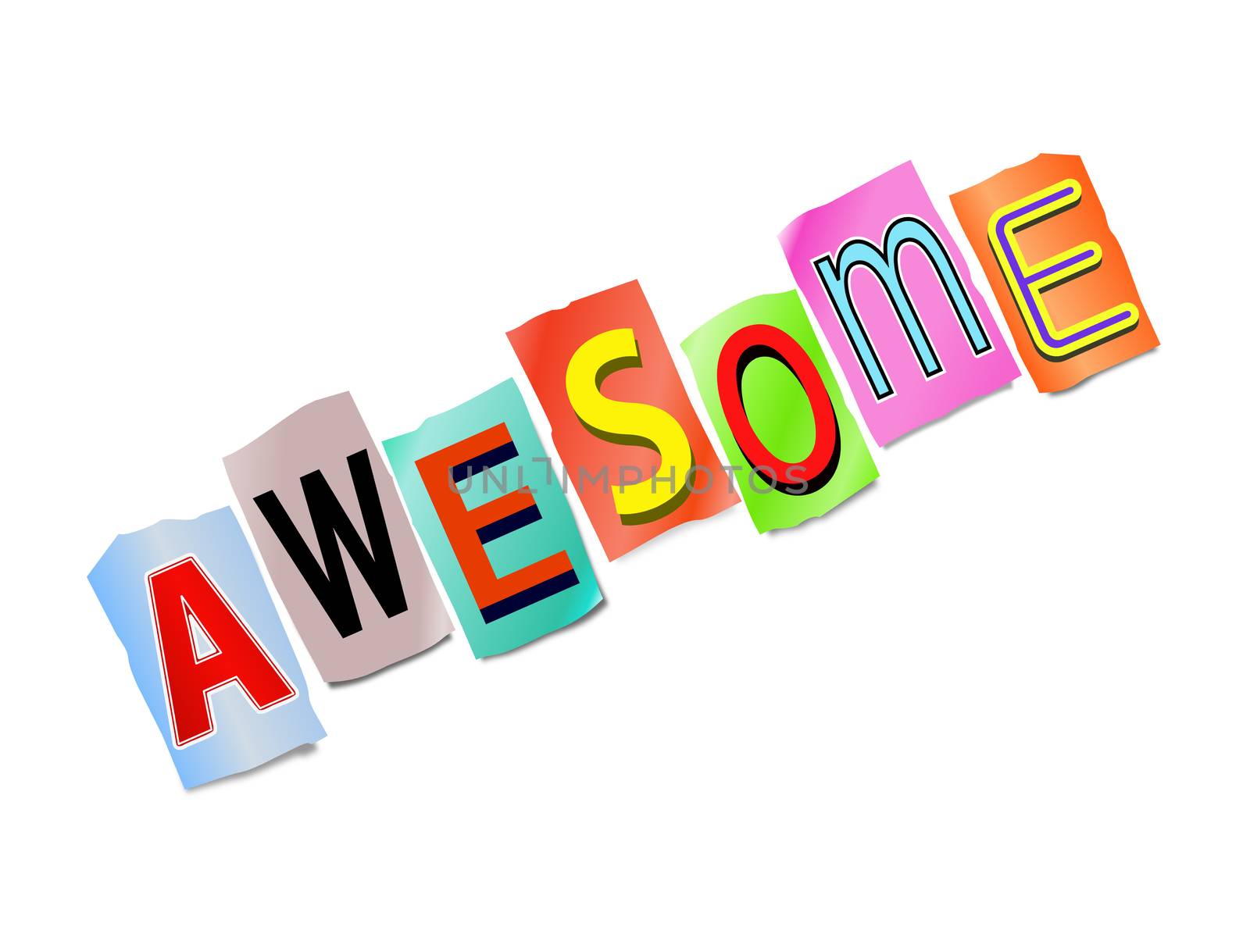 Illustration depicting a set of cut out printed letters arranged to form the word awesome.