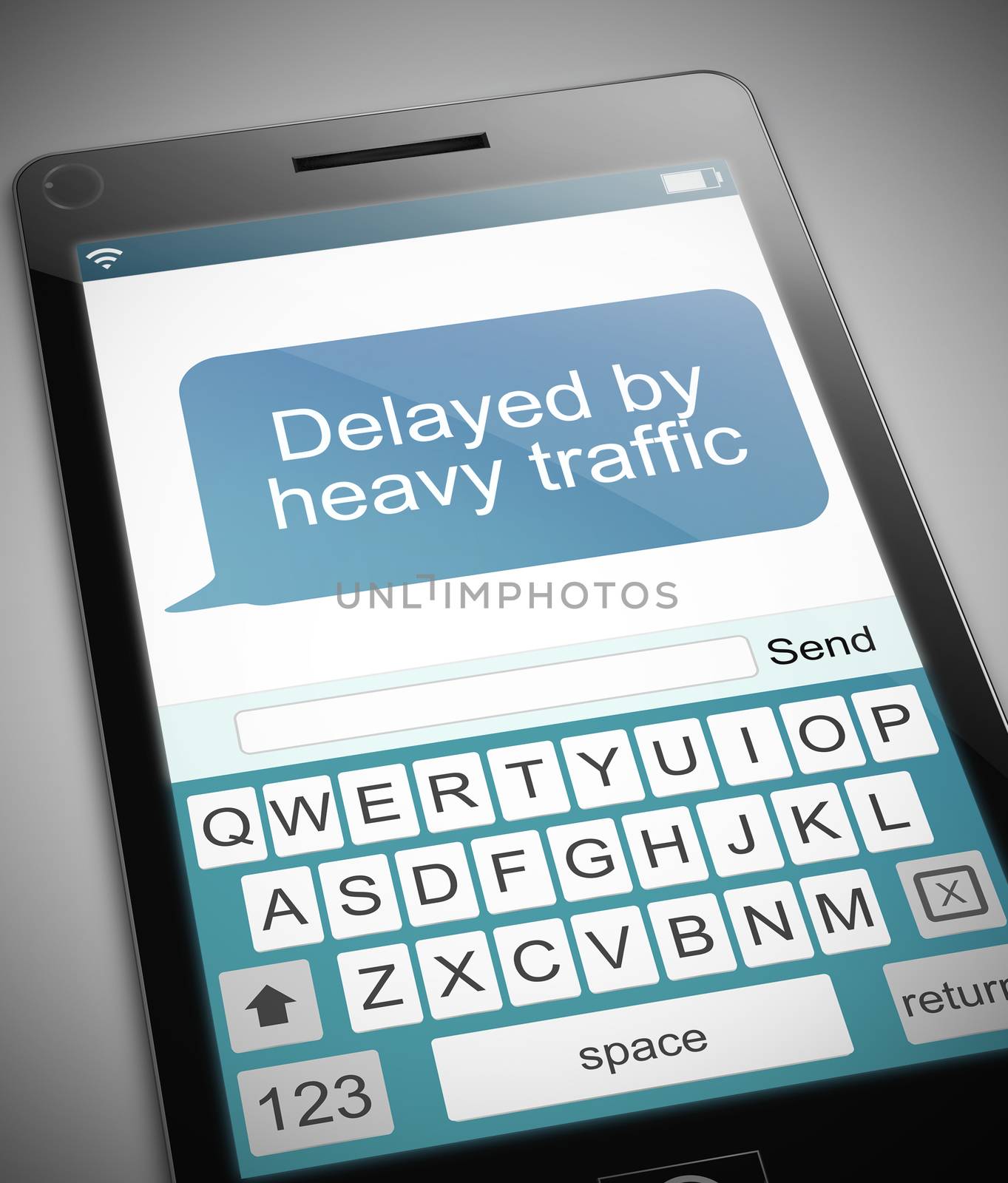 Illustration depicting a phone with a traffic delay message concept.