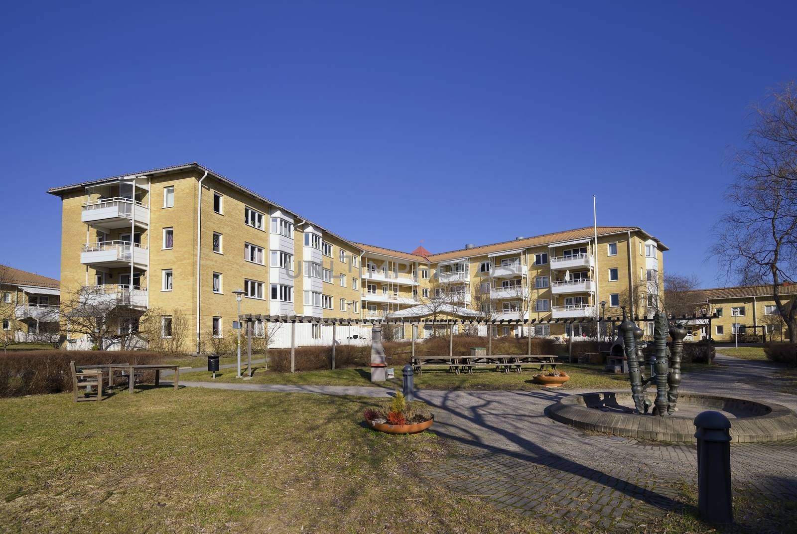 Modern apartment buildings in new neighborhood.