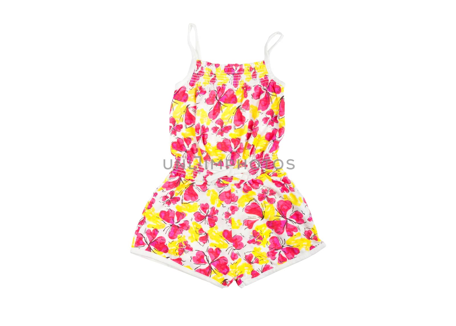 Children's bright new trendy flowered jumpsuit isolated on white background