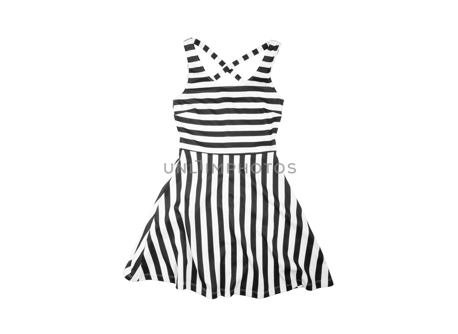 bright cotton women summer dress with black and white stripes isolated on white background