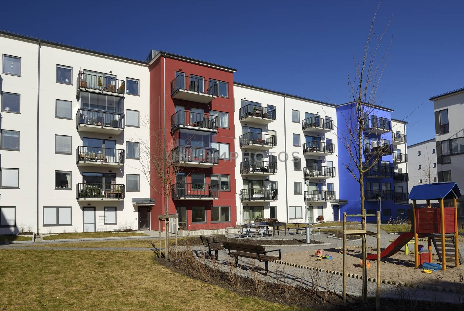 Modern apartment buildings in new neighborhood.