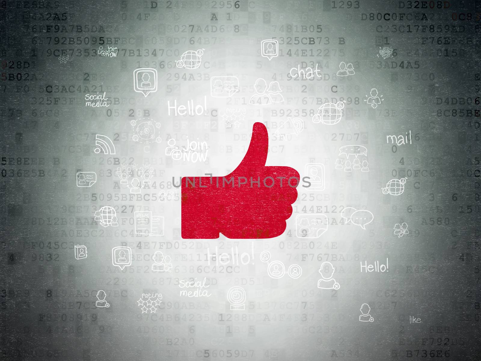 Social media concept: Painted red Thumb Up icon on Digital Paper background with  Hand Drawn Social Network Icons, 3d render