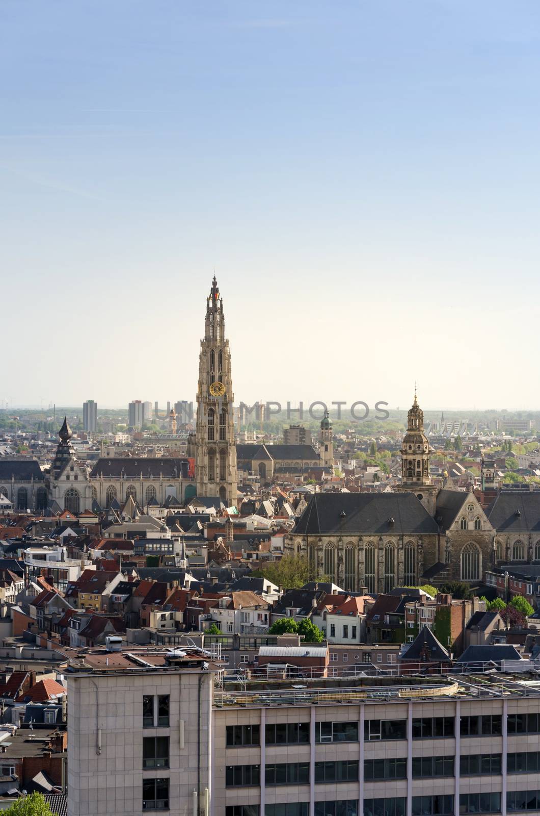 Aerial view on the Cathedral of Our Lady and the Church of Saint Paul in Antwerp, Belgium. viewed from Museum aan de Stroom