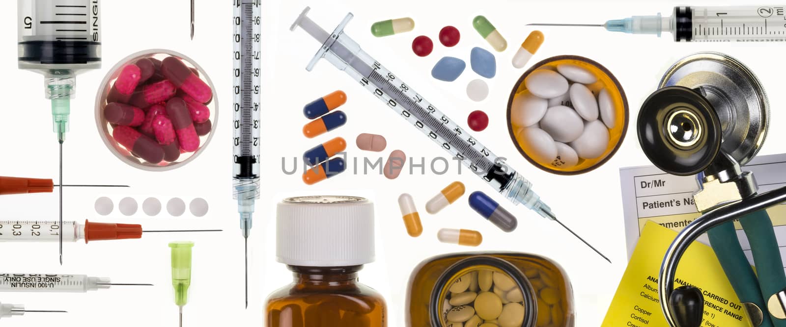 Header panel - Medical subjects - Stethoscope, syringes, needles, pills, tablets and capsules.