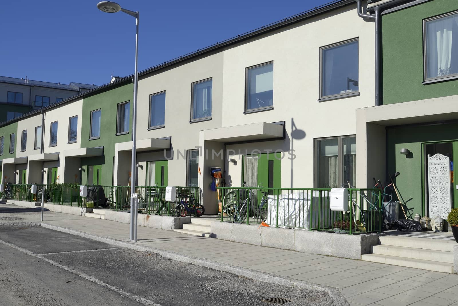 Modern apartment buildings in new neighborhood.