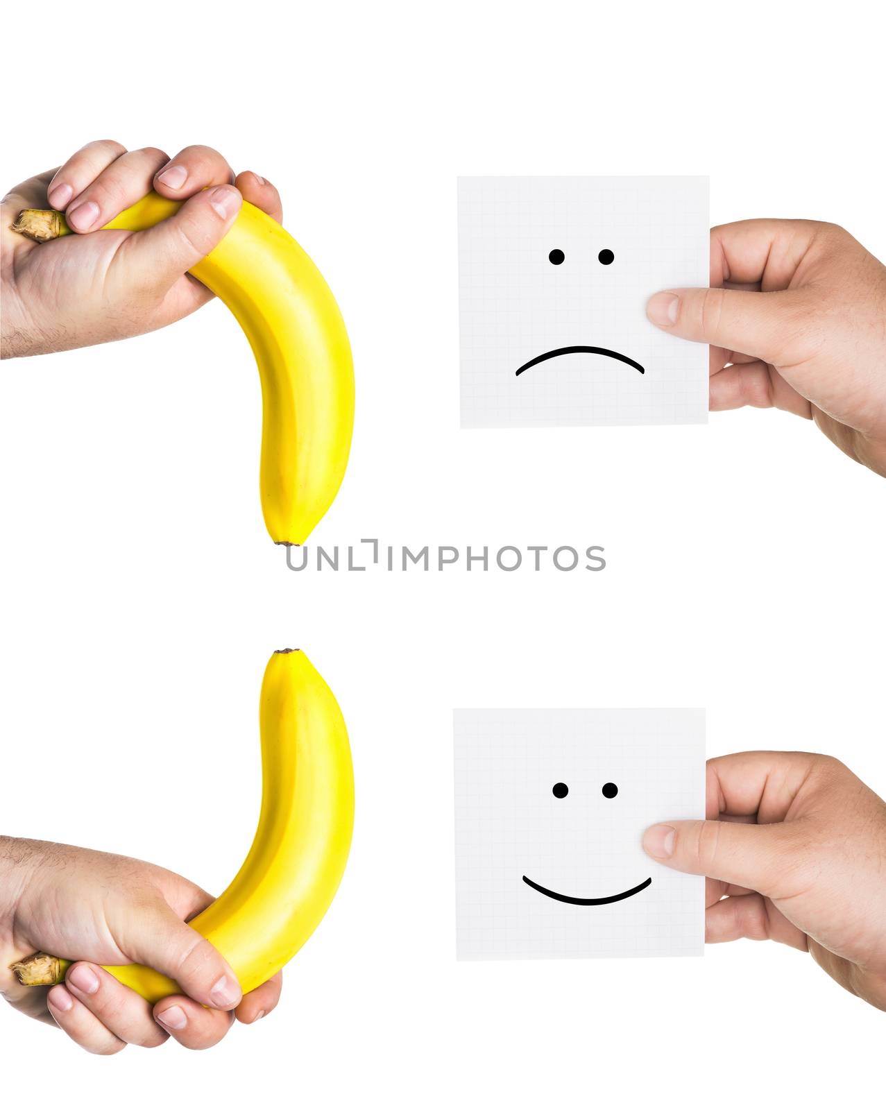 concept of potency, the concept of penis,  two men's hands holding smiley and sad  faces,  two hands hold the big bananas up and down, like the man penis, short, small, medium, average, long size