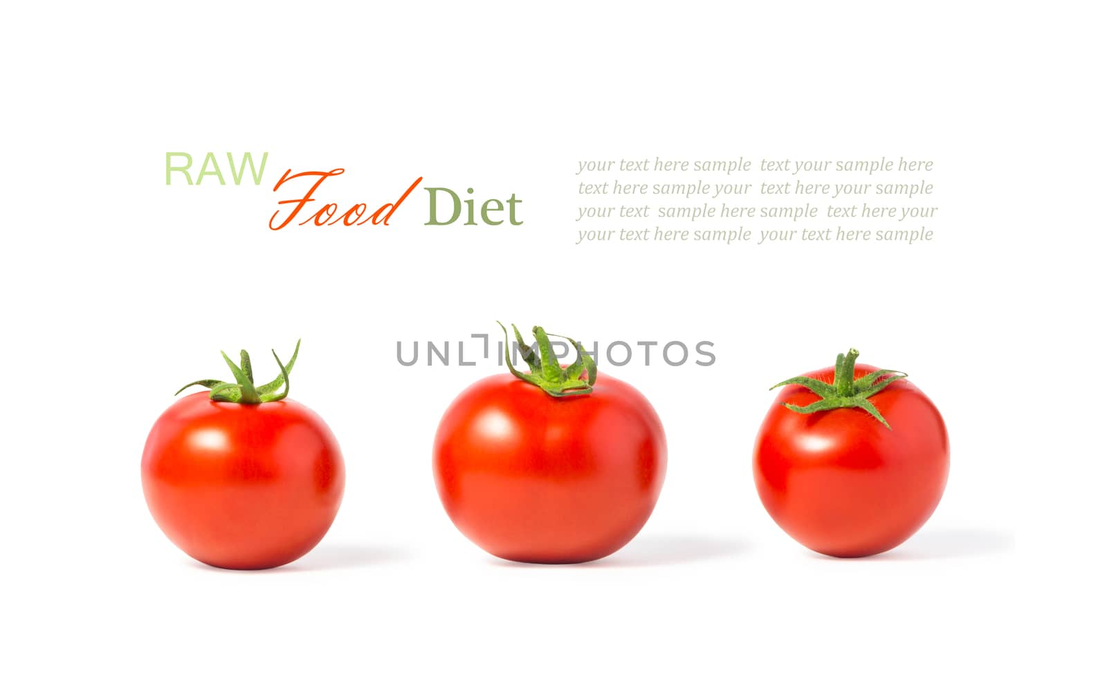 The concept of a raw food diet, healthy eating, the benefits of fresh vegetables. Three ripe juicy raw tomatoes isolated on white background.