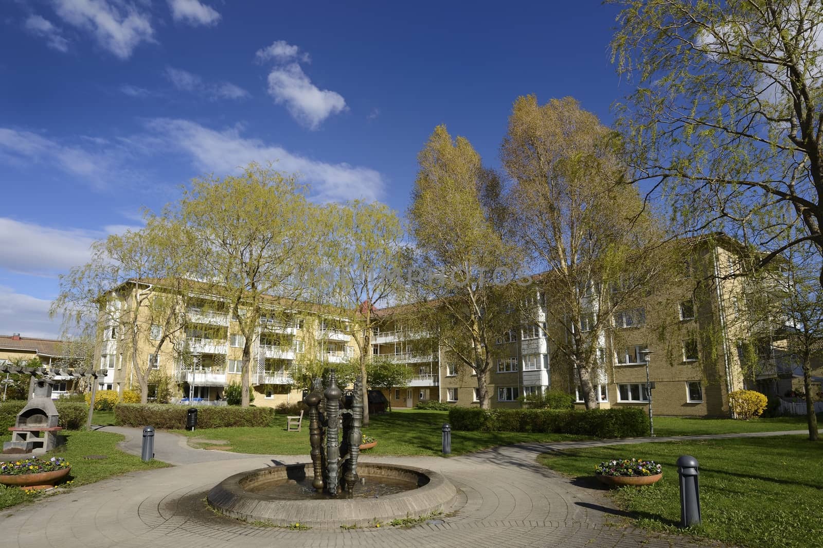 Modern apartment buildings in new neighborhood.