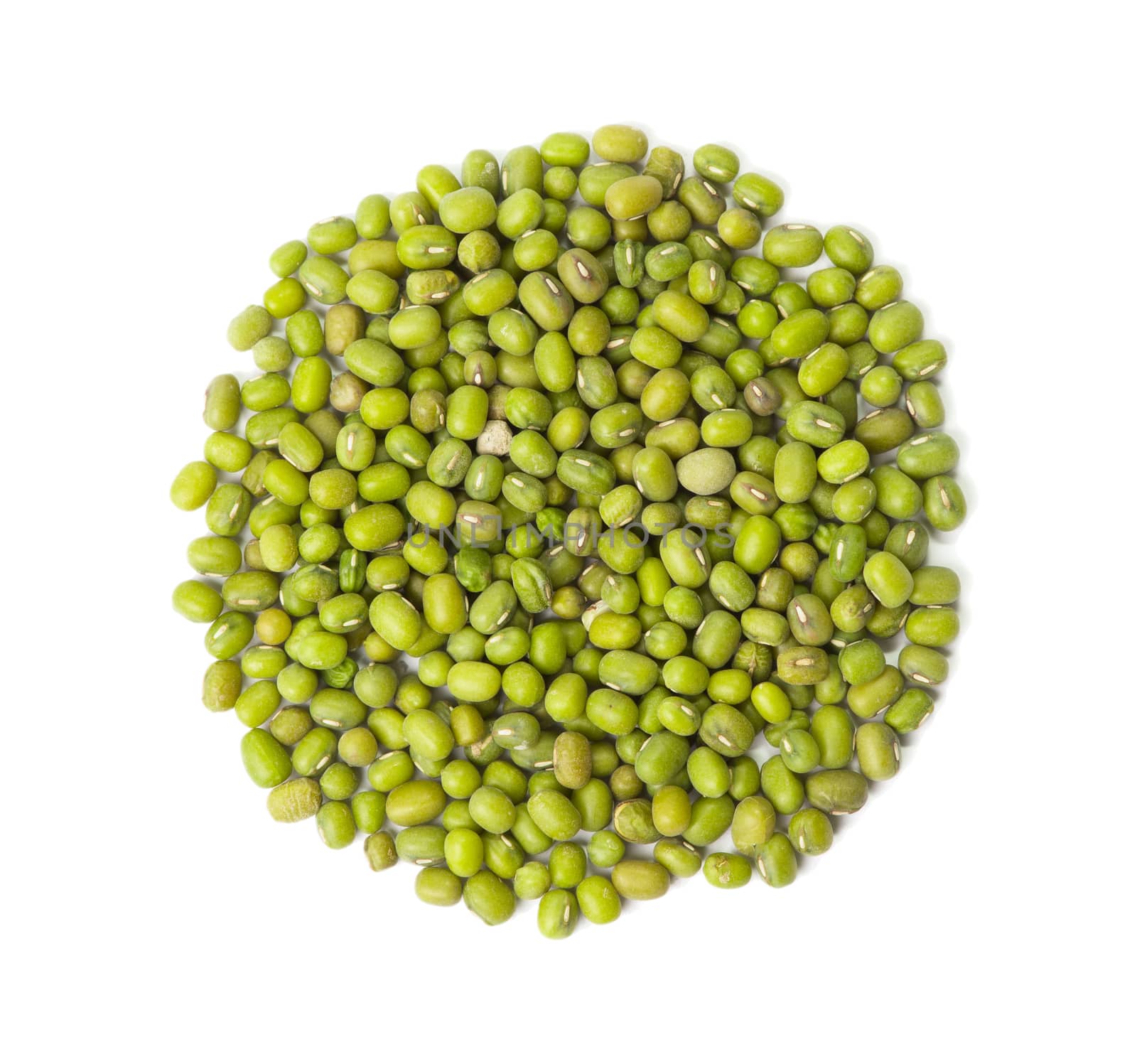 Raw mung beans Vigna radiata isolated on white background, top view