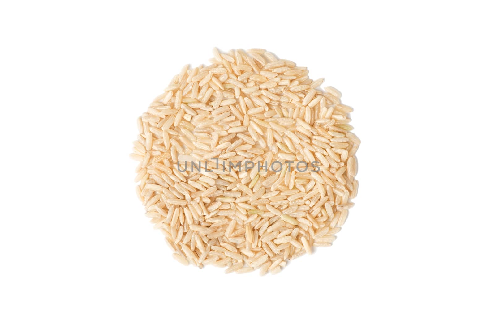 a heap of raw brown rice isolated on white background, top view, close up