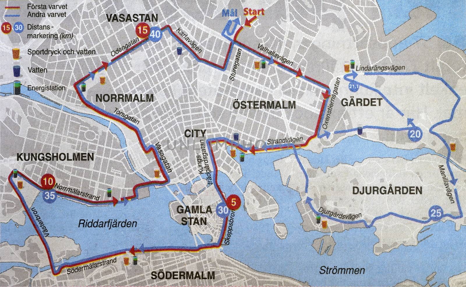 Stockholm, Sweden - May 23, 2015: Map over Stockholm Marathon 2015. The race is divided in two turns, first lap in red and second in blue.