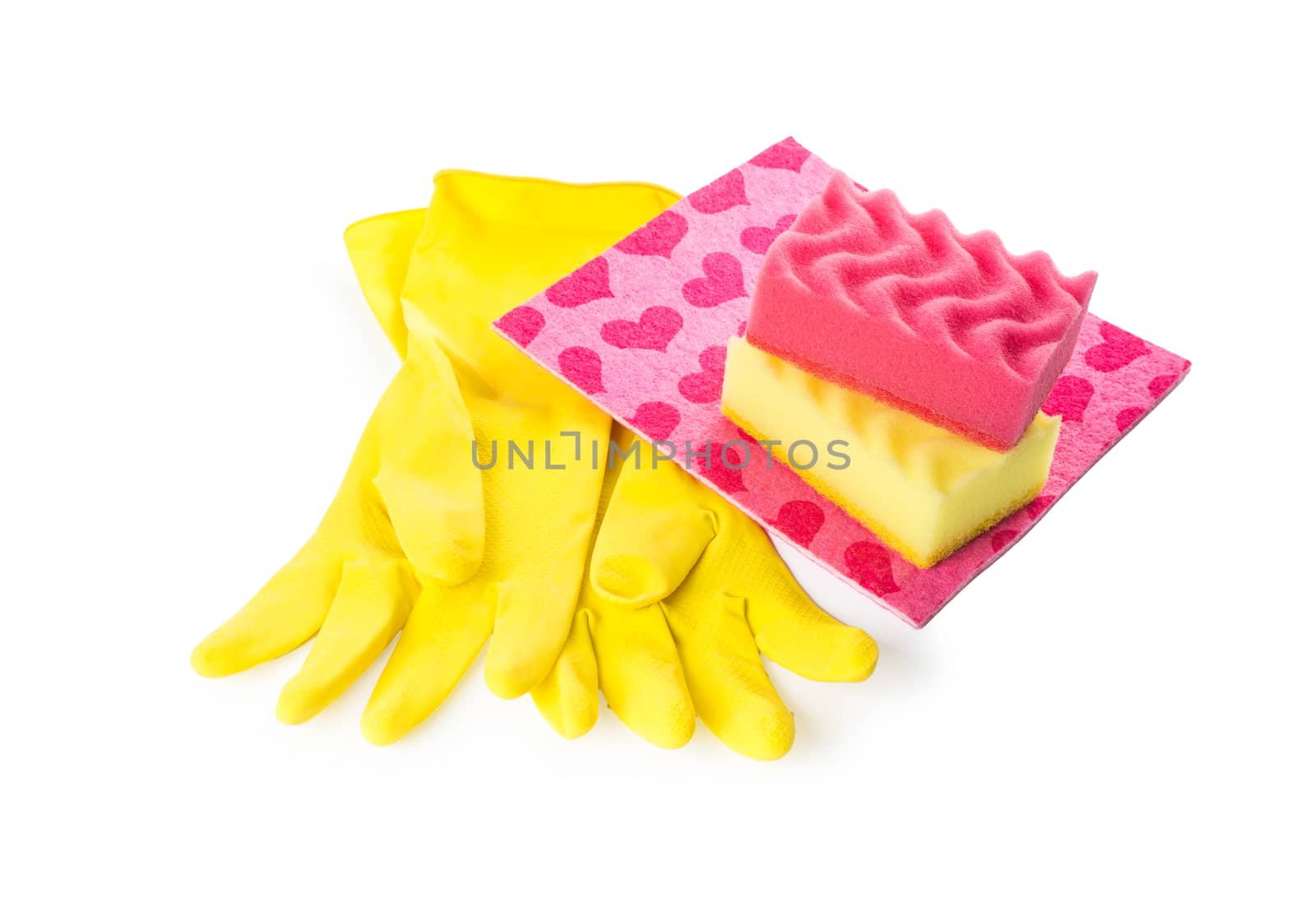 cleaning equipment isolated on a white background: yellow rubber gloves, sponges for washing dishes, cleaning cloths with hearts, the concept of cleaning