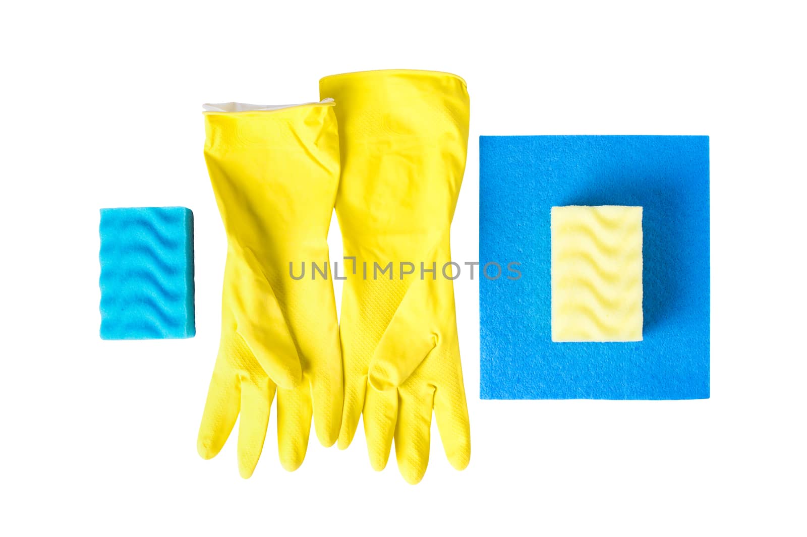 cleaning equipment isolated on a white background: yellow rubber gloves, sponges for washing dishes, cleaning cloths with hearts, the concept of clea