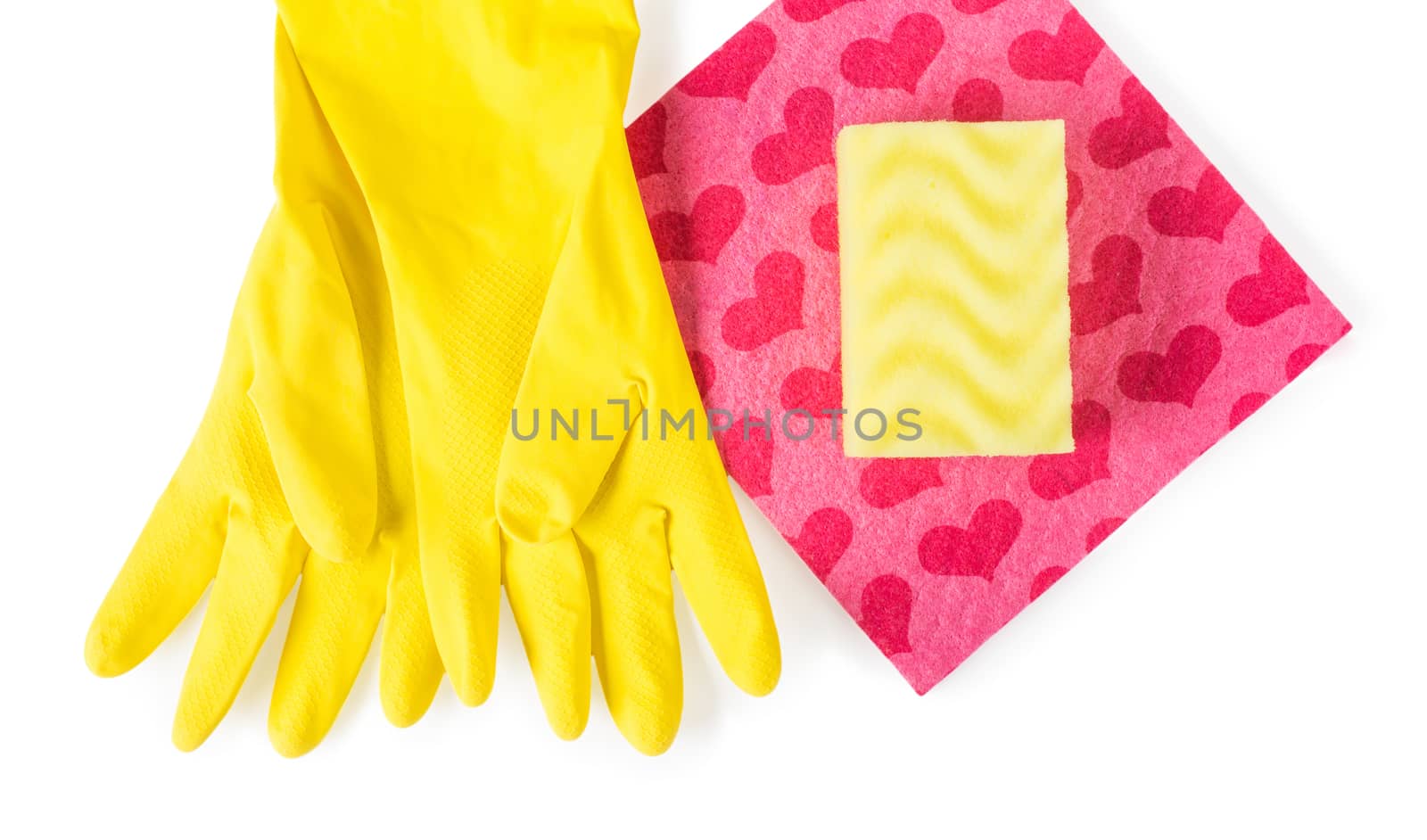 cleaning equipment isolated on a white background: yellow rubber gloves, sponge for washing dishes, cleaning cloths with hearts, the concept of cleaning