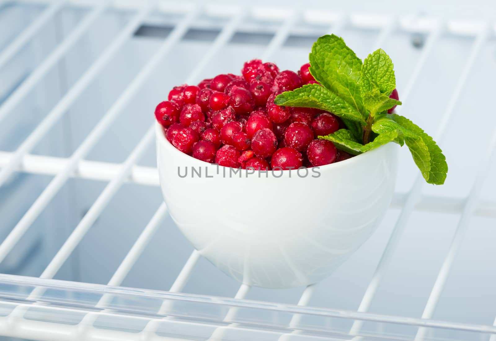 frozen red currants and mint in white cup in the freezer