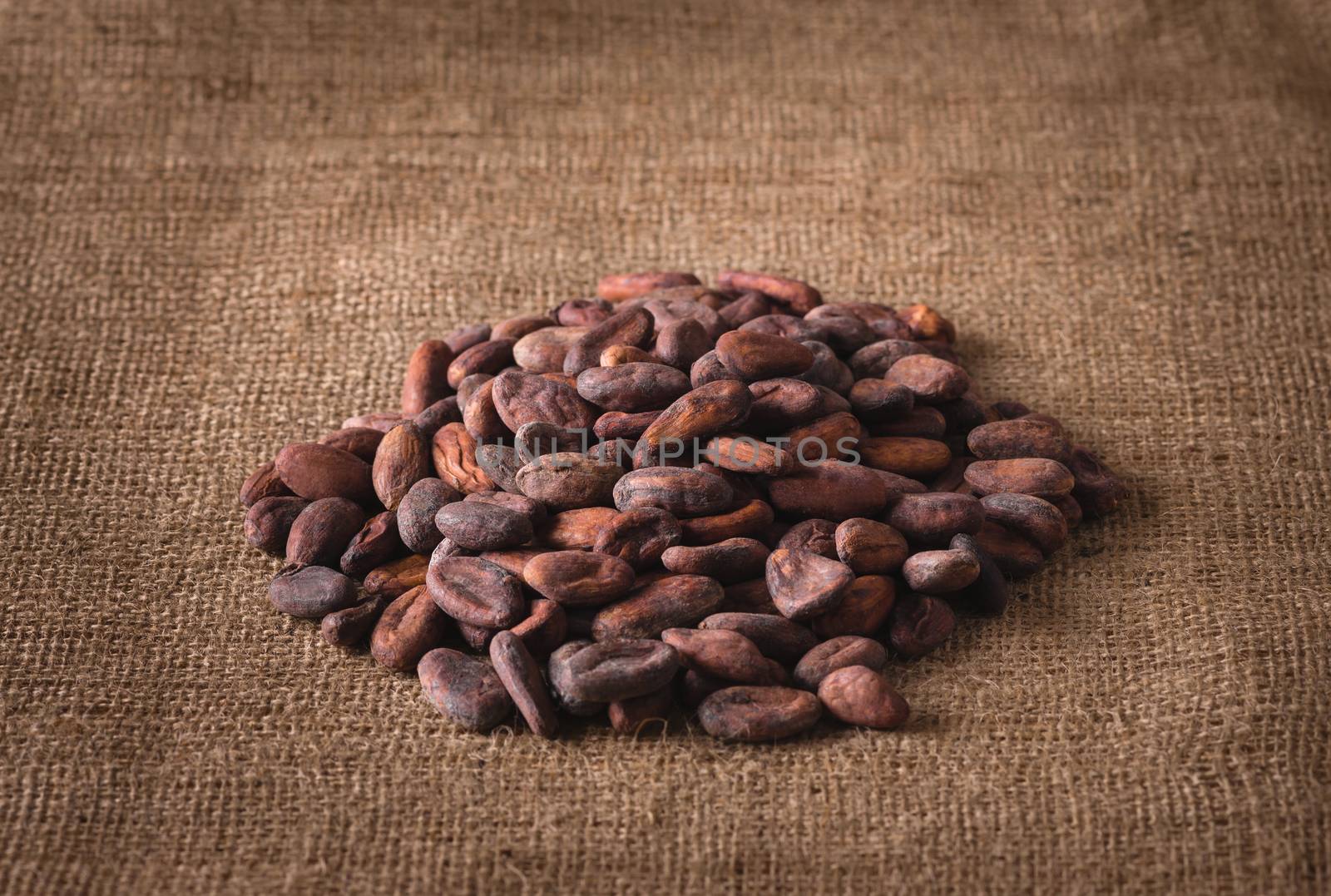 pile of raw cocoa beans on sacking by iprachenko