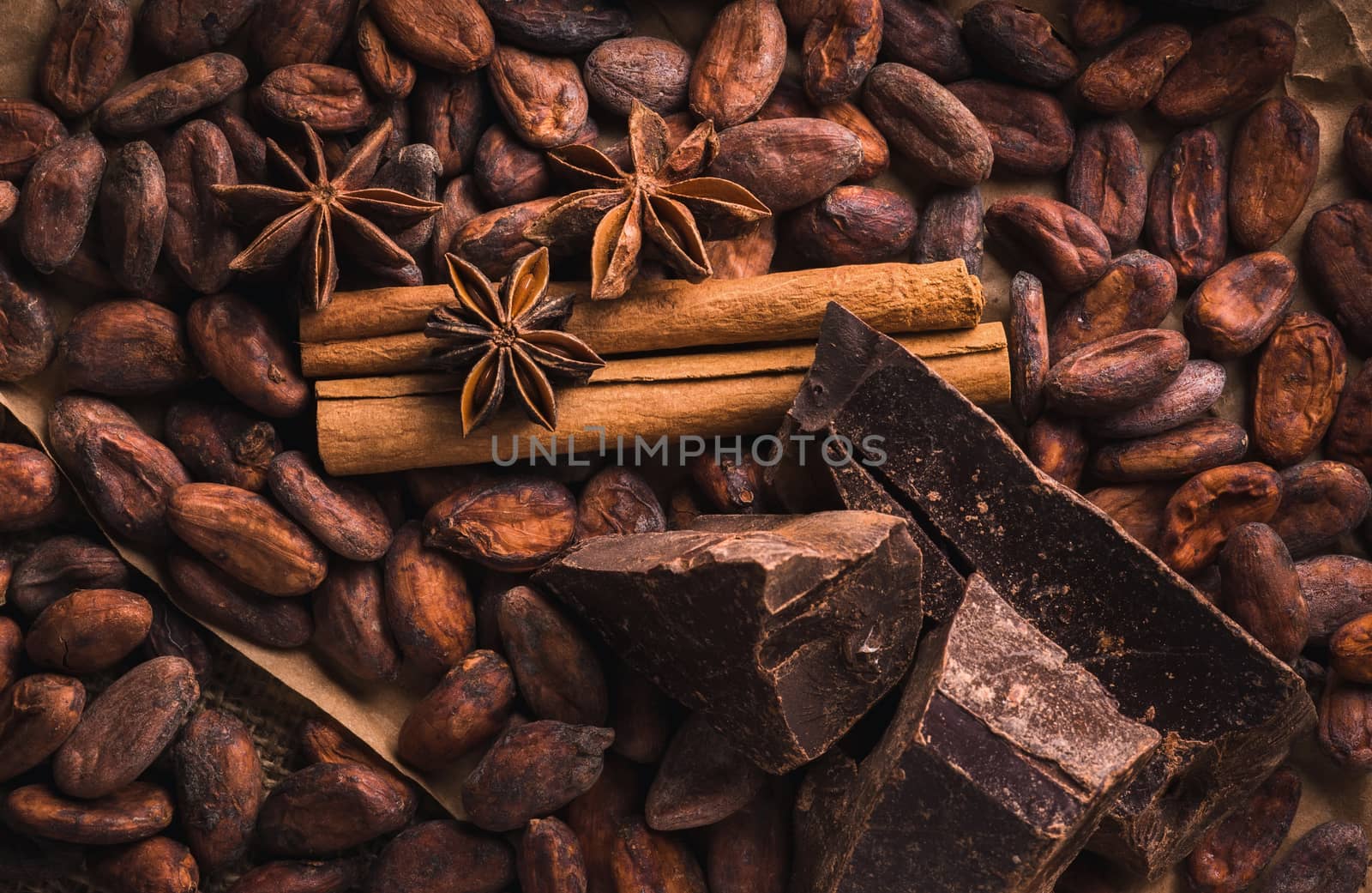 Raw cocoa beans, raw dark homemade chocolate for raw foodists, cinnamon sticks, star anise, top view