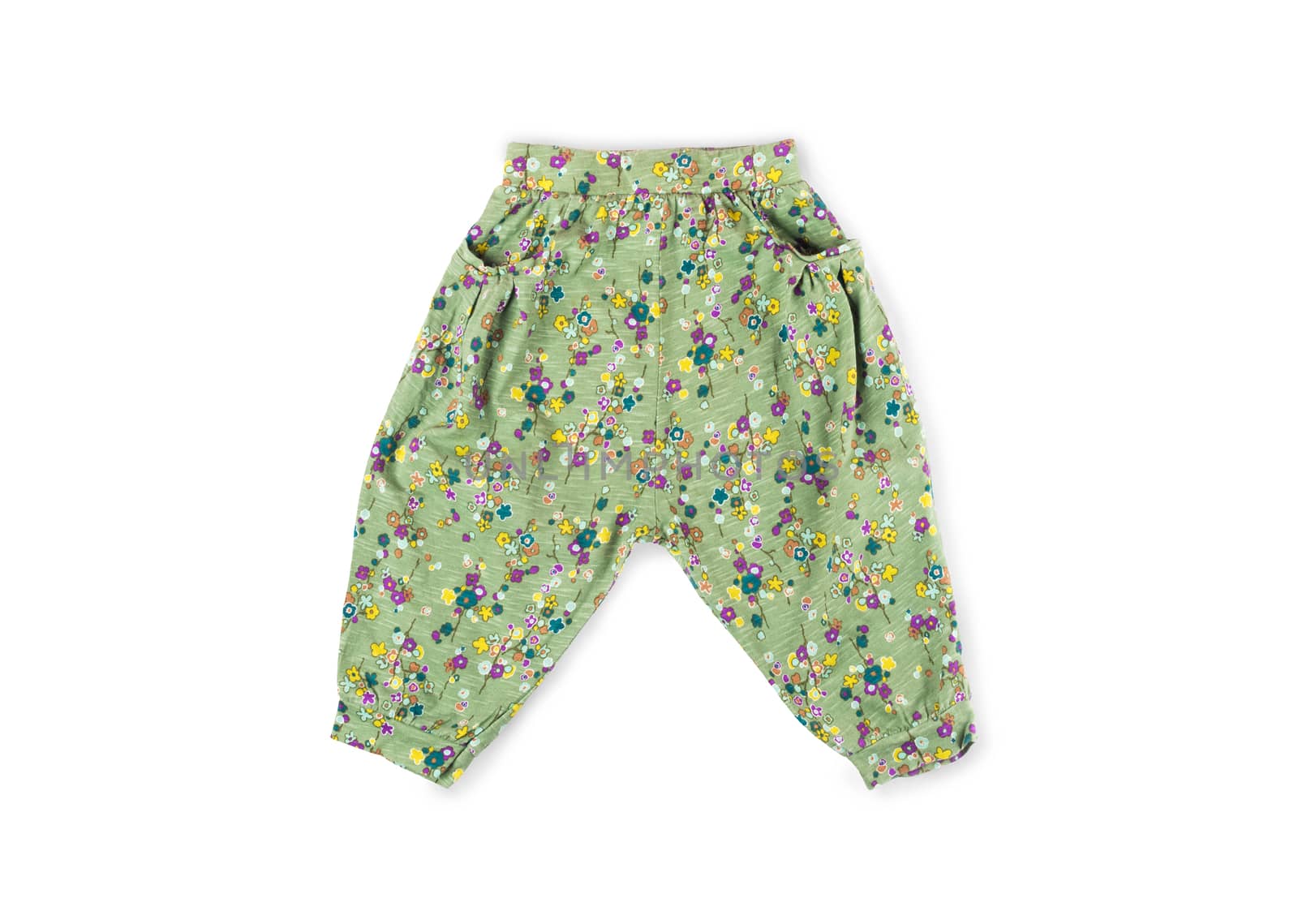 a baby green flowered pants isolated on a white background 