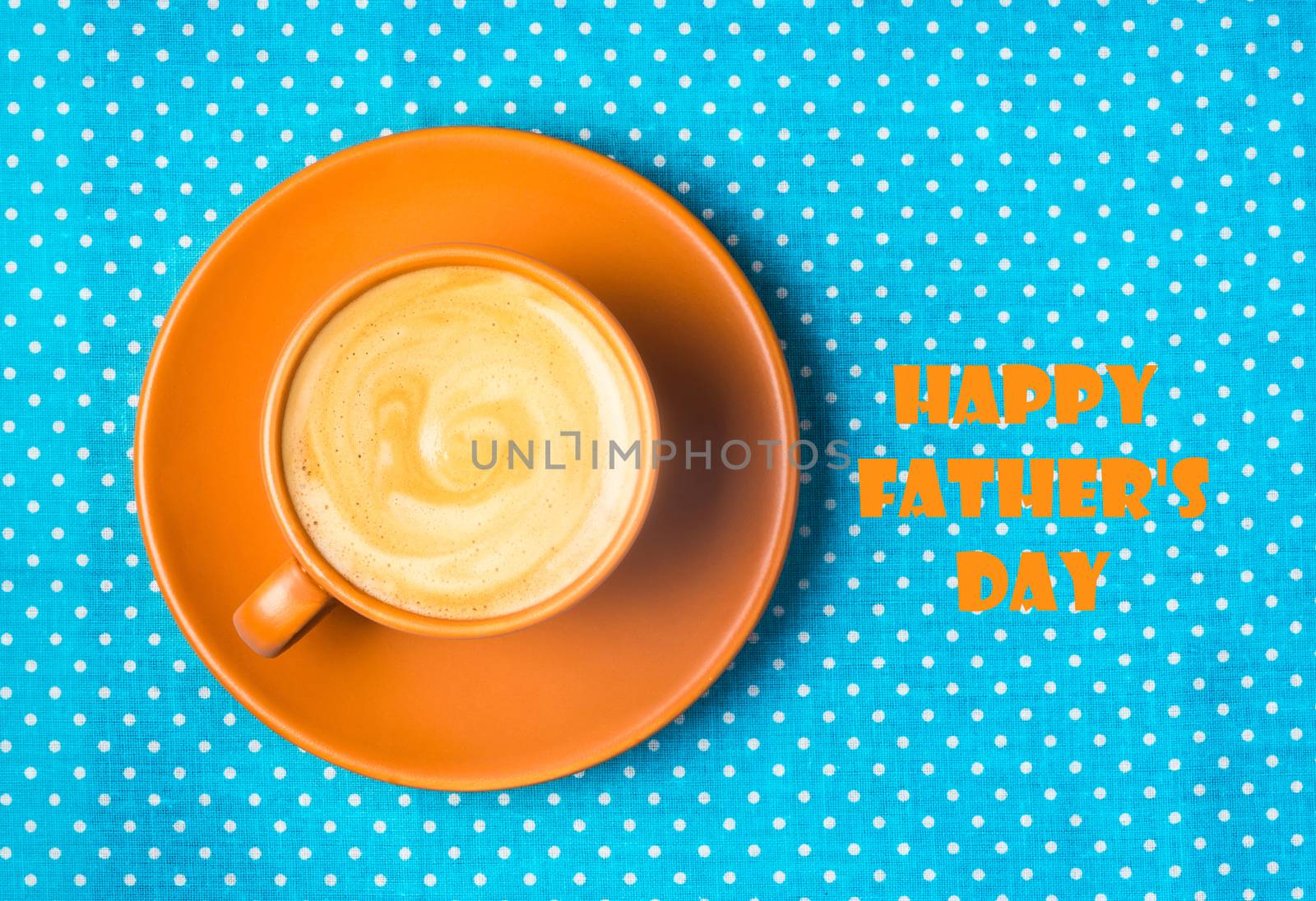 Greeting card with text happy father's day and ceramic cup with coffee espresso on a bright blue background, top view, greeting and love concept,  congratulations