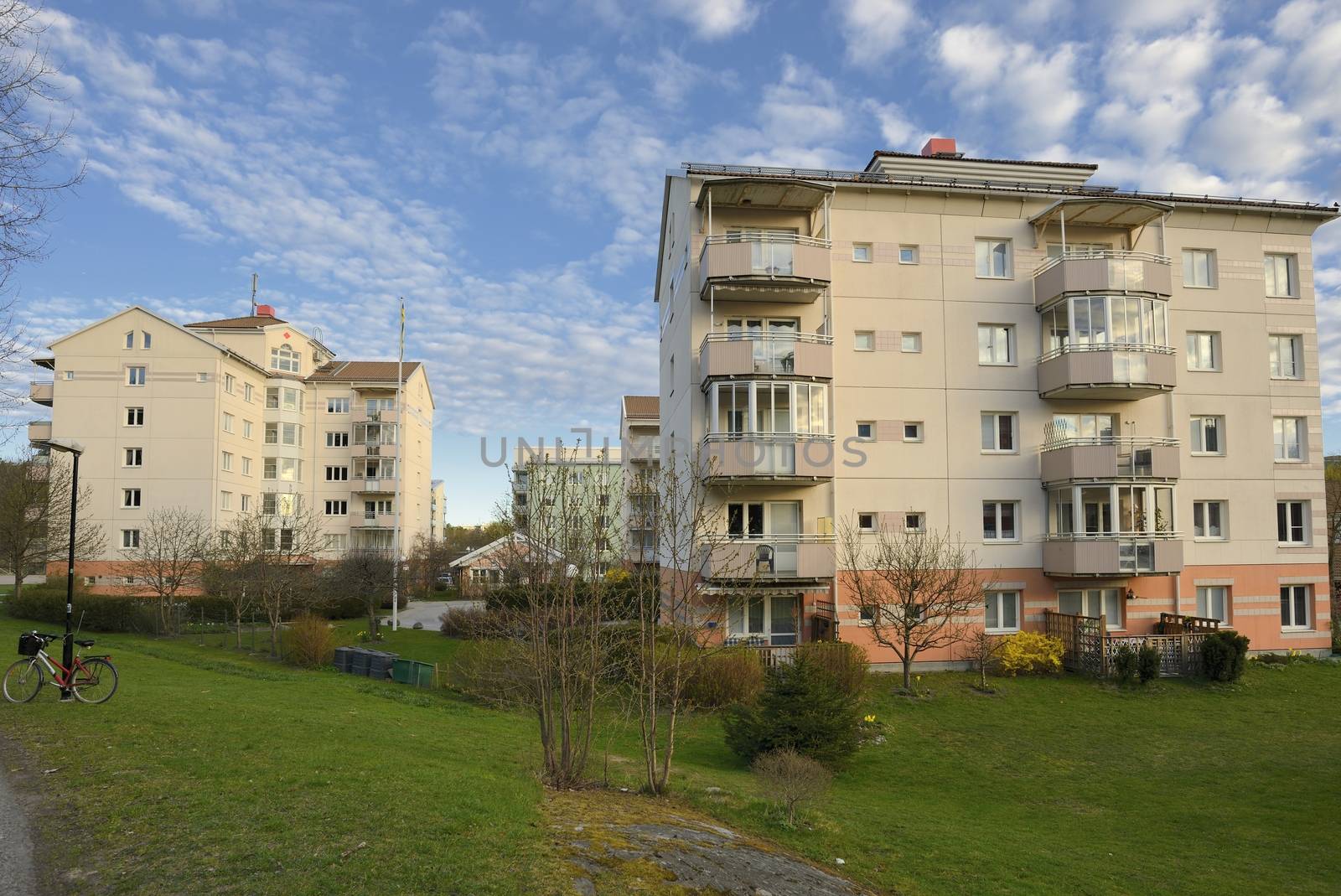 Modern apartment buildings in new neighborhood.